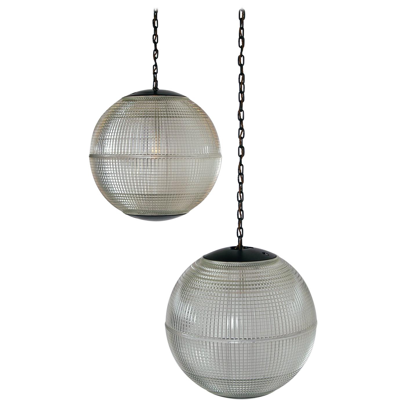 Extra Large Midcentury Parisian Glass Globe Ball Pendant Lights, Holophane, Pair