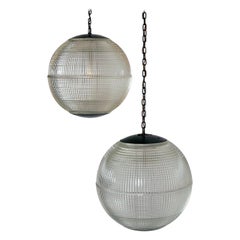 Vintage Extra Large Midcentury Parisian Glass Globe Ball Pendant Lights, Holophane, Pair