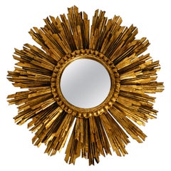 Extra Large Midcentury Sunburst Wall Mirror Made of Gold-Plated Wood