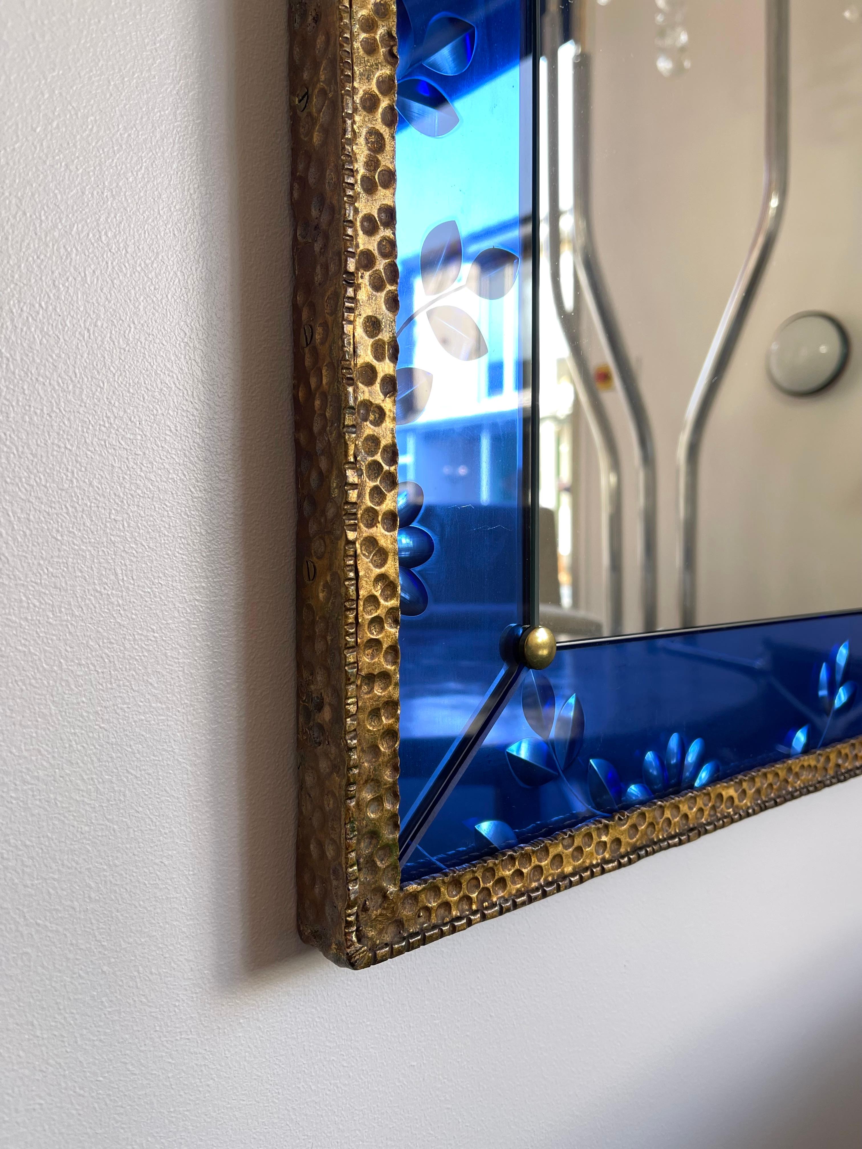Mid-Century Modern Extra Large Mirror Blue Glass and Gilt Wrought Iron by Colli, Italy, 1960s