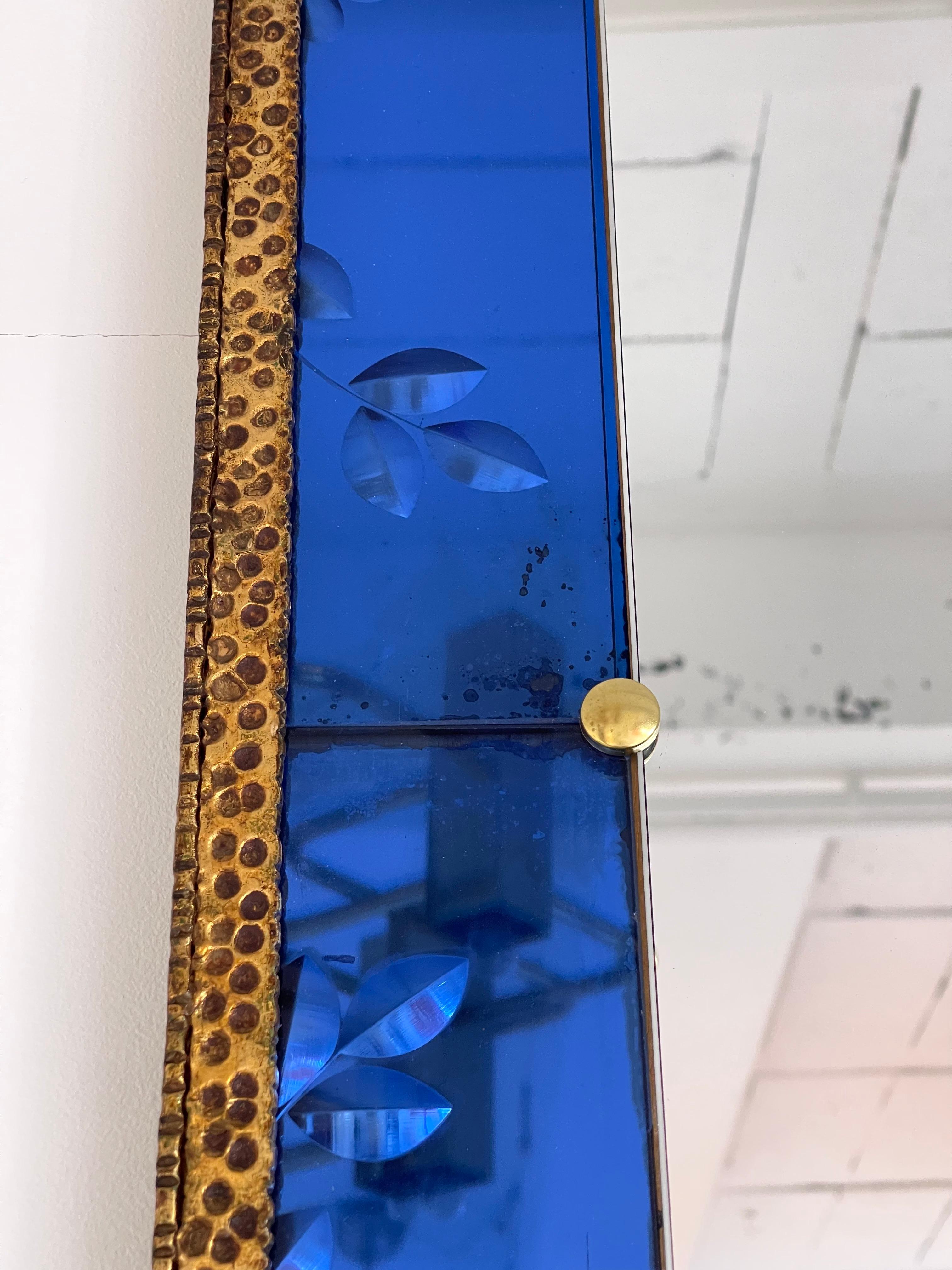 Italian Extra Large Mirror Blue Glass and Gilt Wrought Iron by Colli, Italy, 1960s
