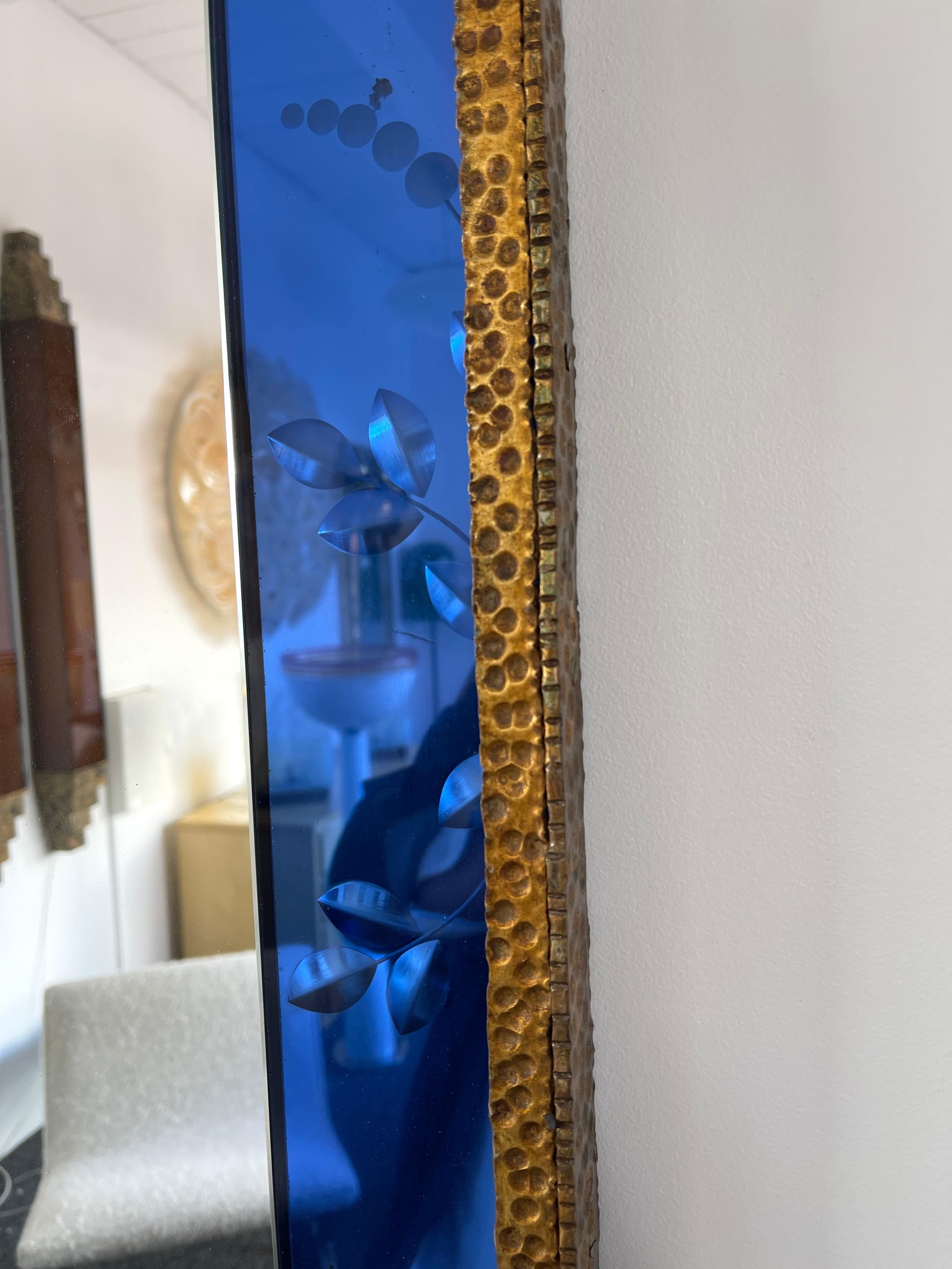 Engraved Extra Large Mirror Blue Glass and Gilt Wrought Iron by Colli, Italy, 1960s
