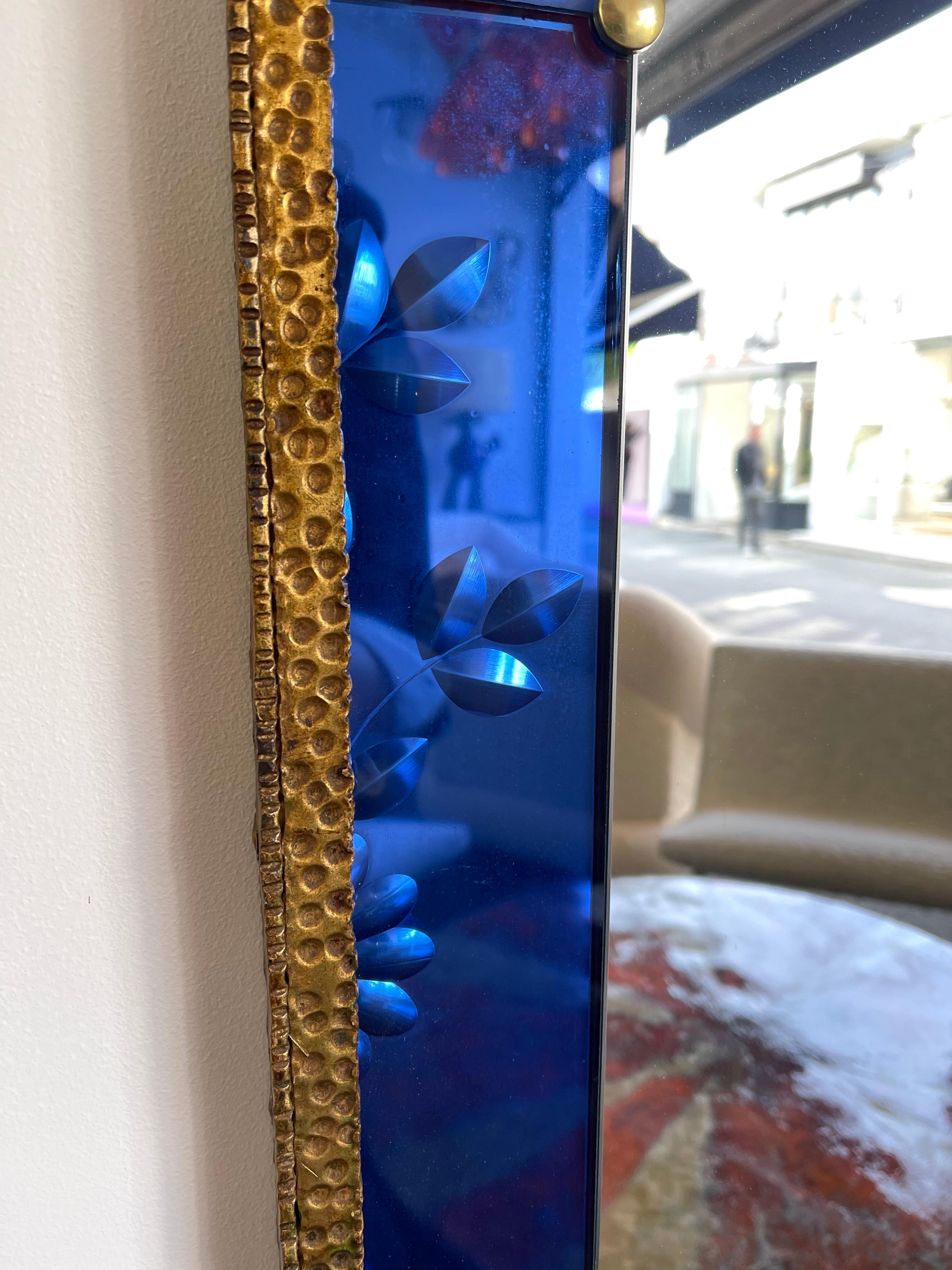 Extra Large Mirror Blue Glass and Gilt Wrought Iron by Colli, Italy, 1960s In Good Condition In SAINT-OUEN, FR