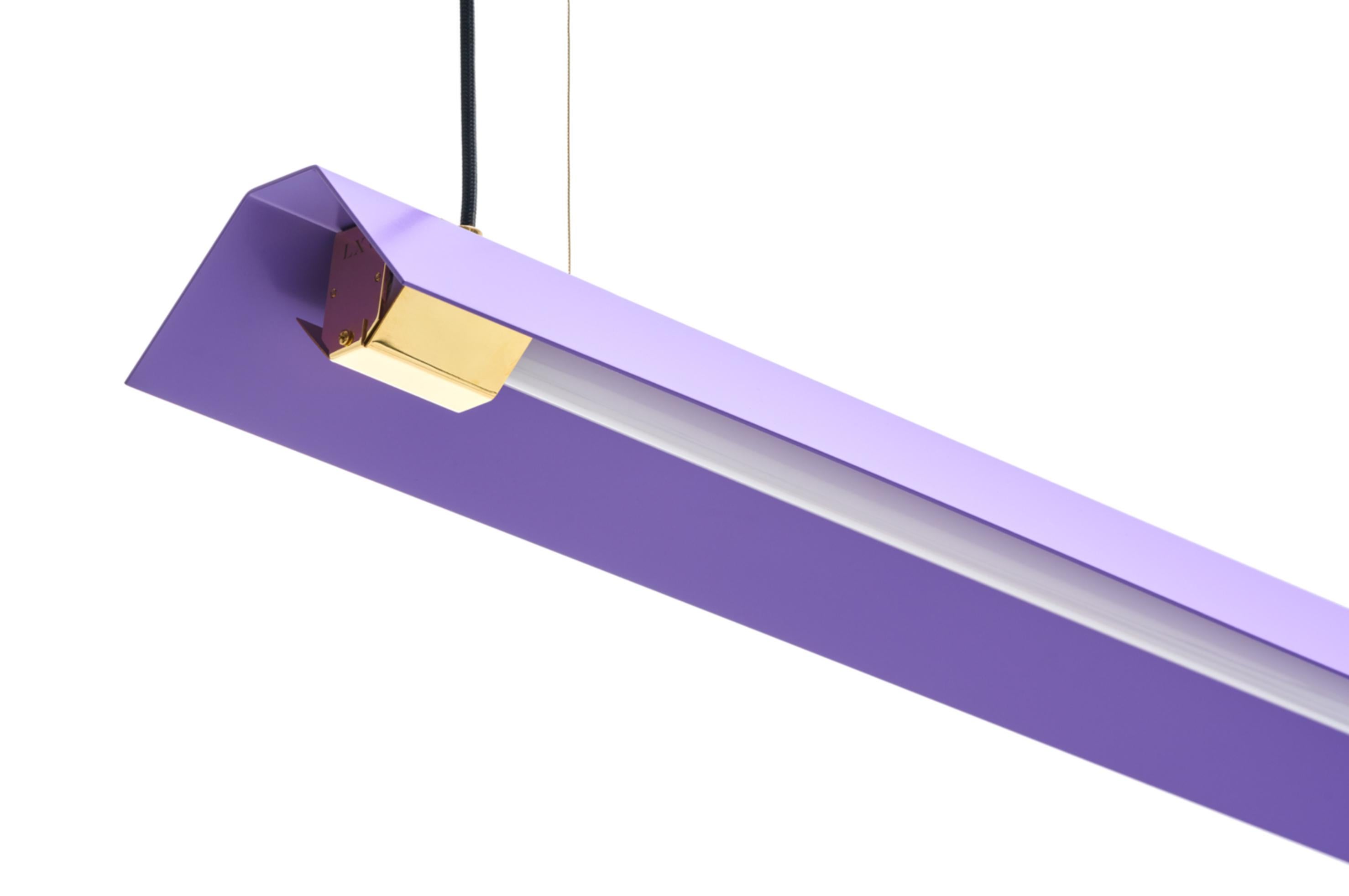 Extra large Misalliance ex lavender suspended light by Lexavala
Dimensions: D 16 x W 160 x H 8 cm
Materials: powder coated shade with details made of brass or stainless steel.

There are two lenghts of socket covers, extending over the LED. Two