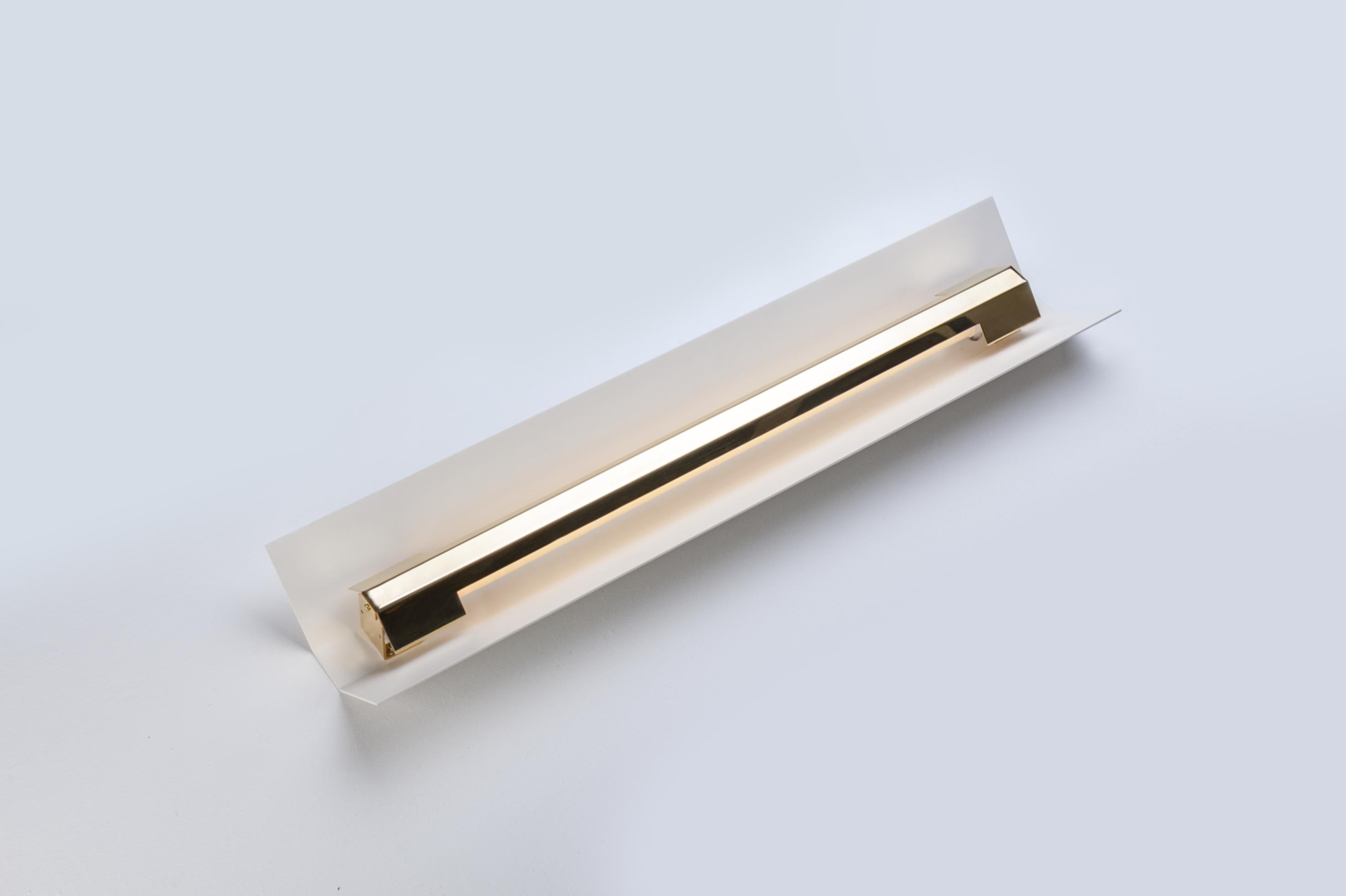 Extra Large Misalliance Ex pure white wall light by Lexavala
Dimensions: D 16 x W 160 x H 8 cm
Materials: powder coated shade with details made of brass or stainless steel.

There are two lenghts of socket covers, extending over the LED. Two