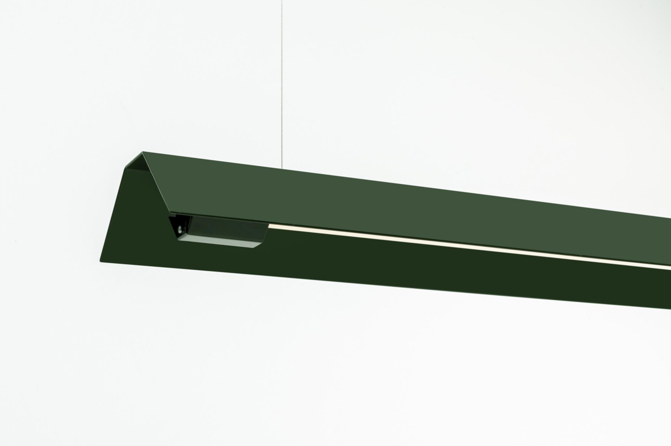 Extra Large Misalliance Ral bottle green suspended light by Lexavala
Dimensions: D 16 x W 160 x H 8 cm
Materials: powder coated aluminium.

There are two lenghts of socket covers, extending over the LED. Two short are to be found in Suspended