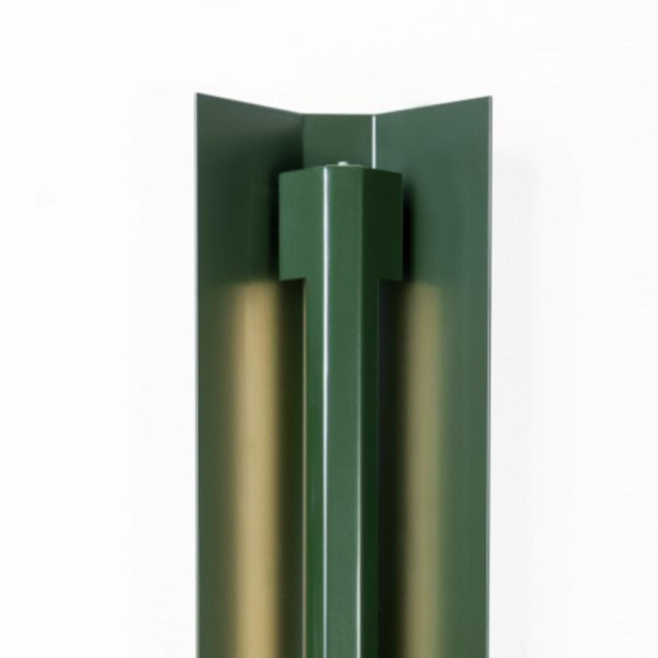 Extra large Misalliance Ral bottle green wall light by Lexavala
Dimensions: D 16 x W 160 x H 8 cm
Materials: powder coated aluminium.

There are two lenghts of socket covers, extending over the LED. Two short are to be found in Suspended and