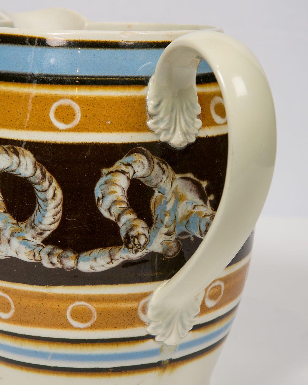 Folk Art Extra Large Mochaware Pitcher with Cable Decoration England, circa 1820