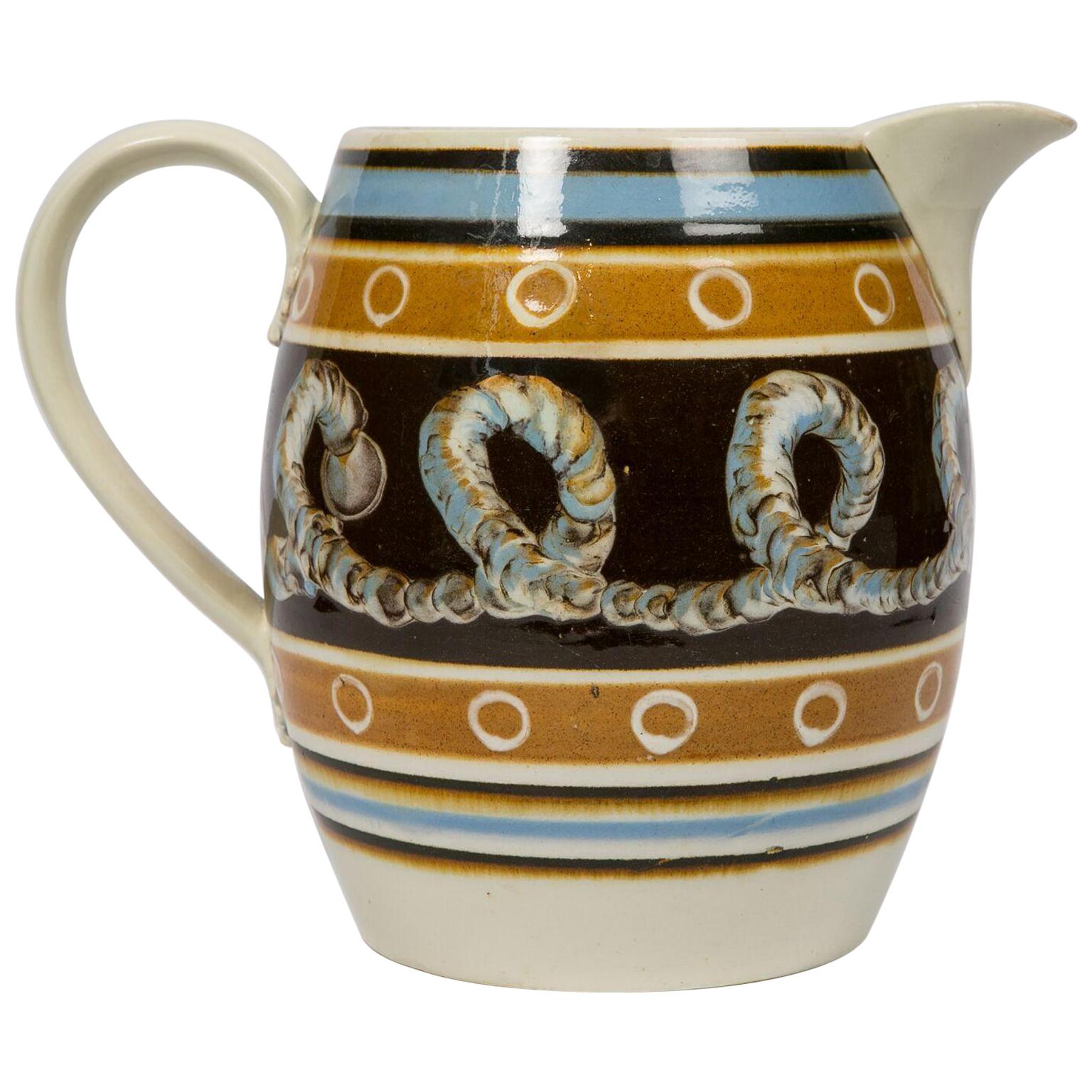 Extra Large Mochaware Pitcher with Cable Decoration England, circa 1820