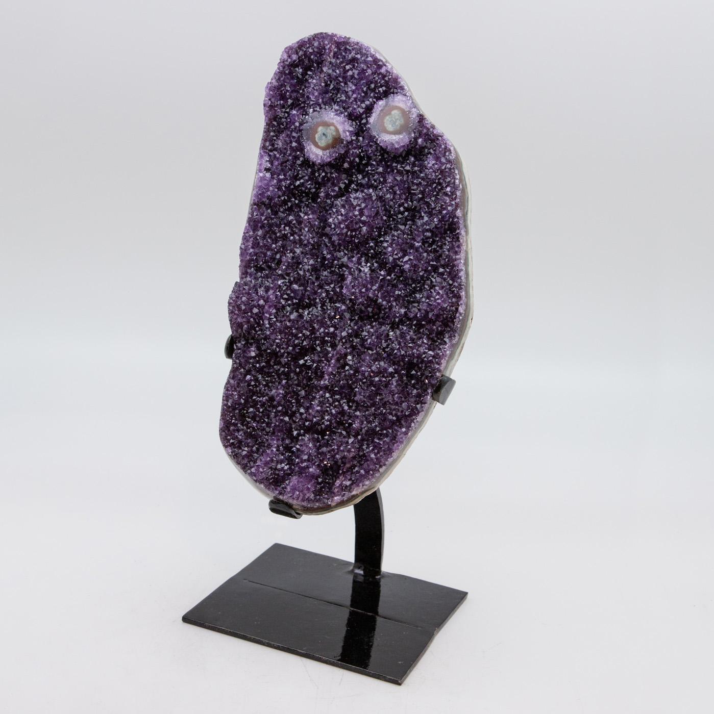 Extra large mounted purple amethyst Druzy Geode. Stands on custom made black metal base. From Uruguay. Measures: 17.5
