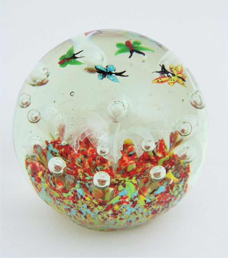 Extra Large Murano Art Glass Butterflies Landscape Paperweight with Air