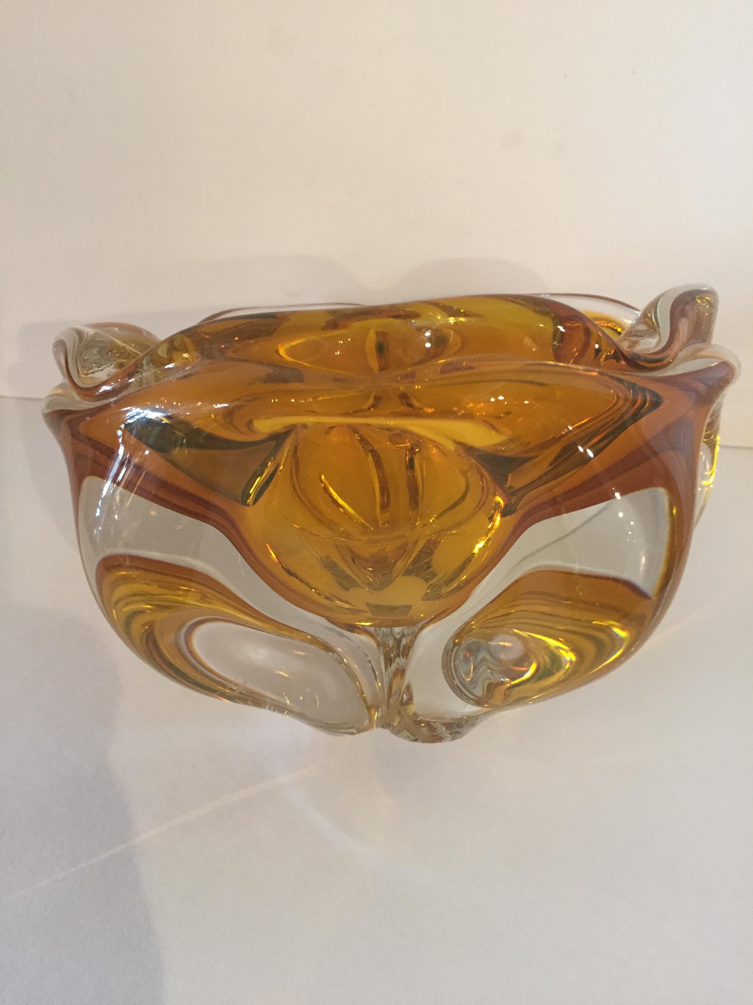 Italian Extra Large Murano Citrine and Amber to Clear Ash Tray or Bowl