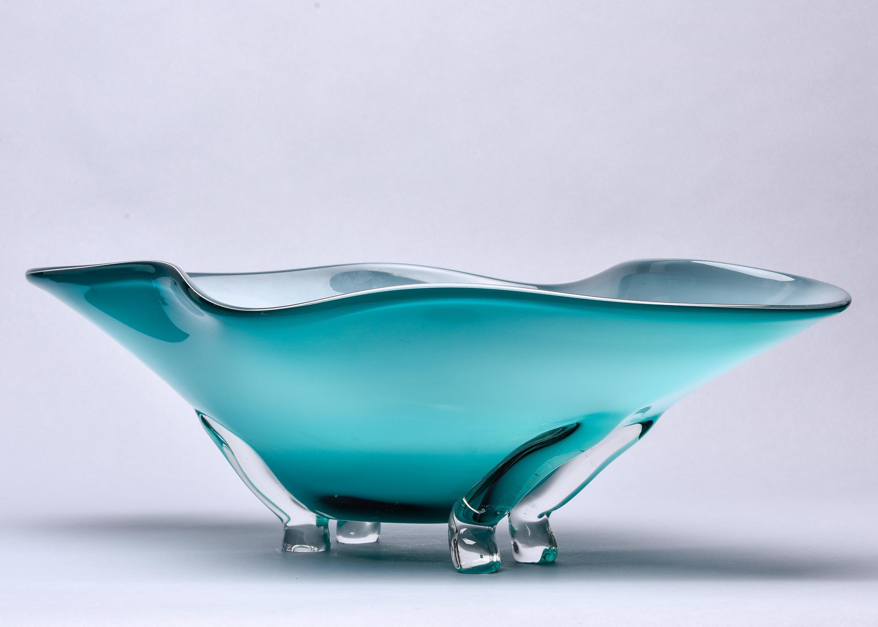 Mid-Century Modern Extra Large Murano Glass Blue Green Footed Bowl