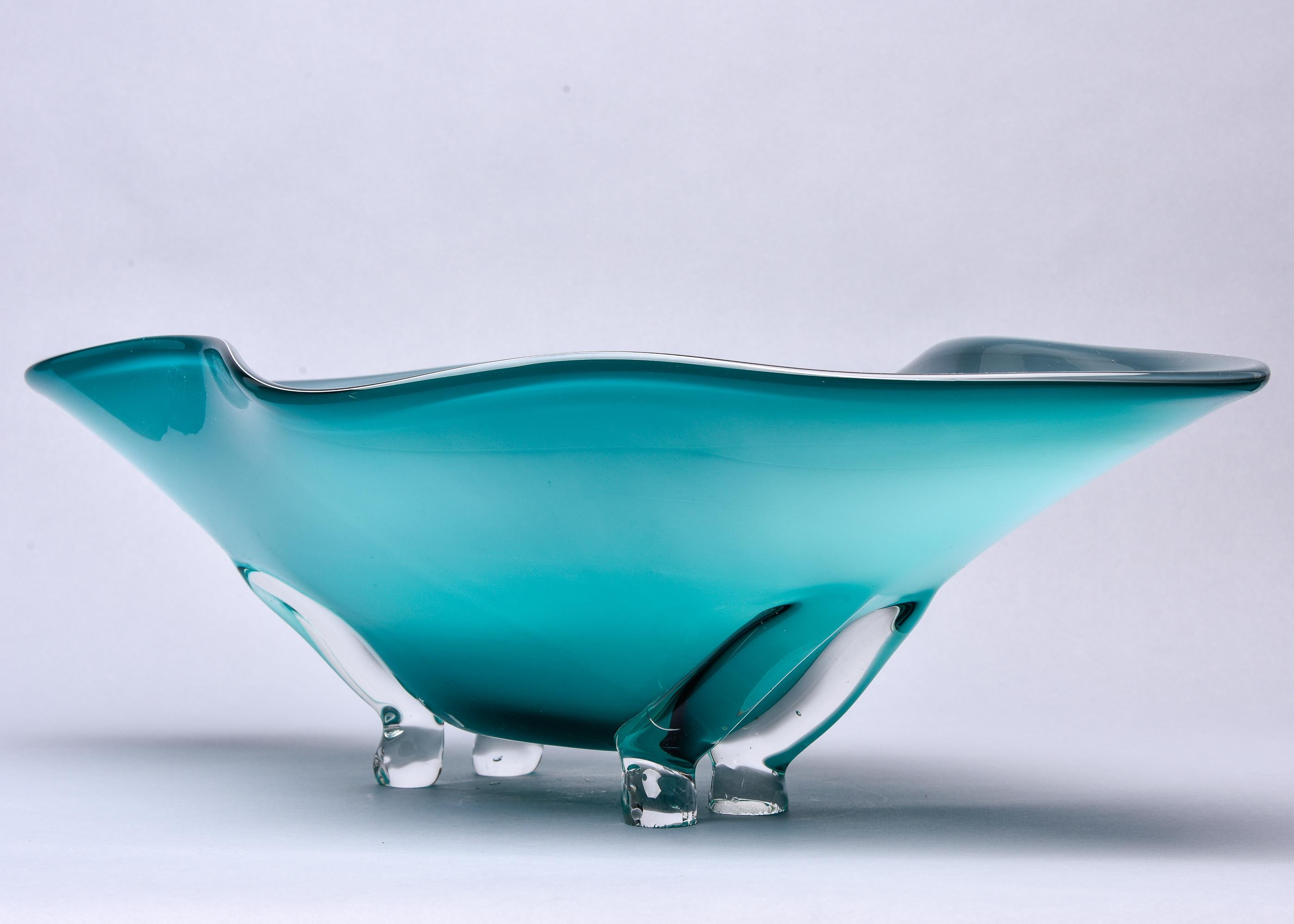 Italian Extra Large Murano Glass Blue Green Footed Bowl