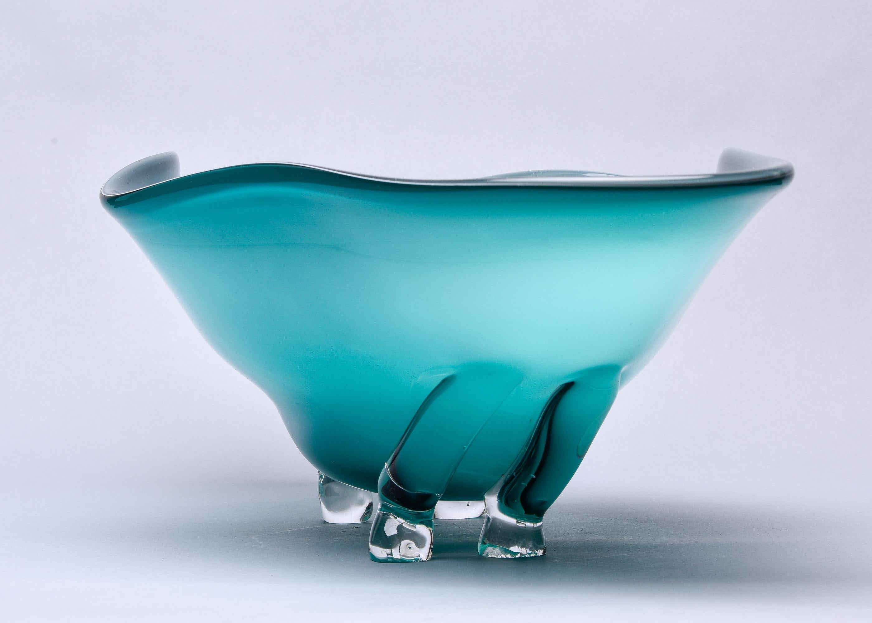 Extra Large Murano Glass Blue Green Footed Bowl In Good Condition In Troy, MI