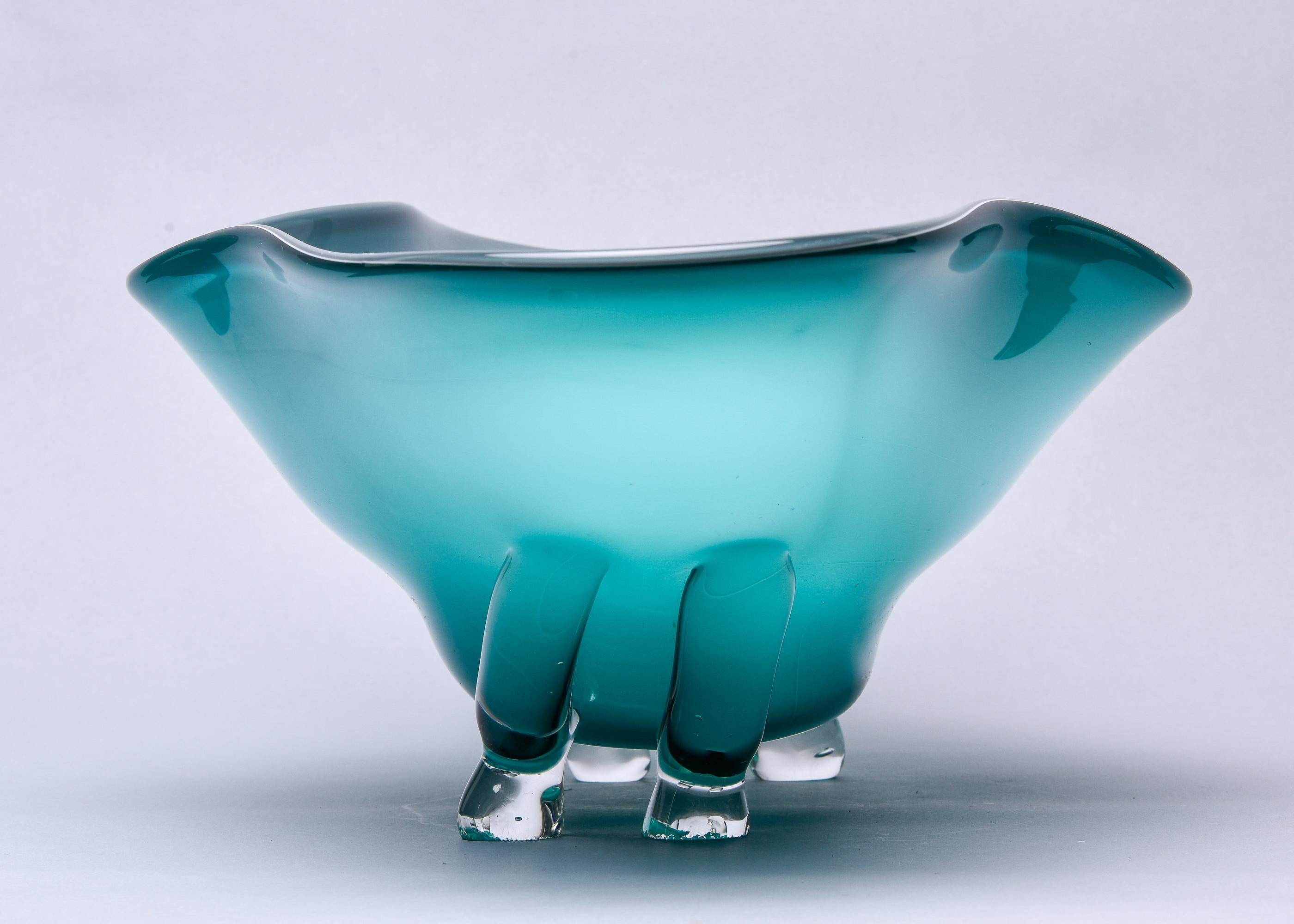 20th Century Extra Large Murano Glass Blue Green Footed Bowl