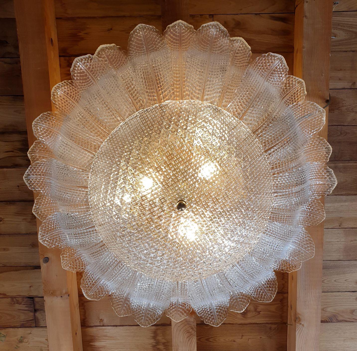 Large Murano glass Mid Century Modern flush mount chandelier In Excellent Condition For Sale In Dallas, TX