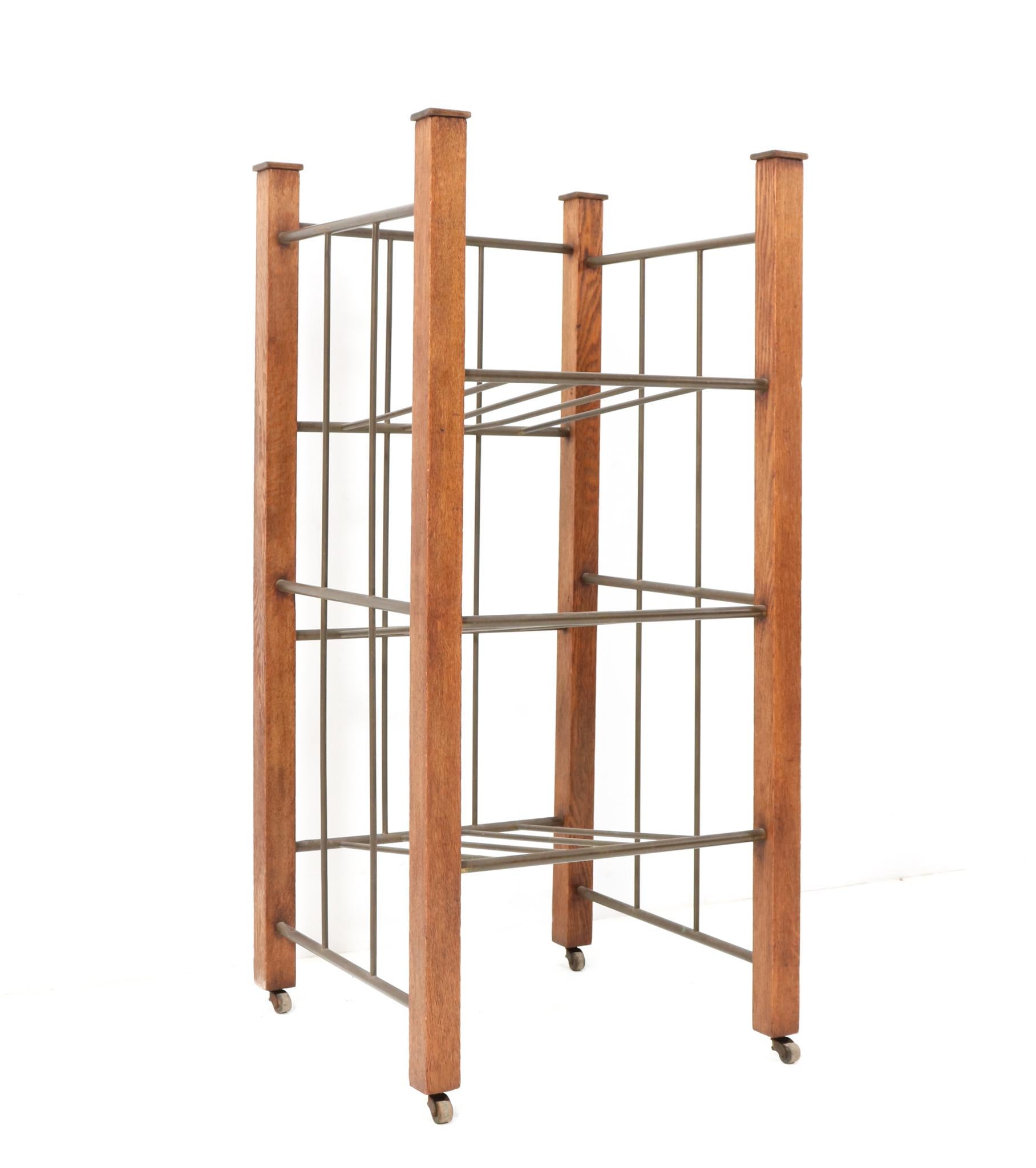 Brass Extra Large Oak Art Deco Modernist Magazine Rack or Stand, 1920s For Sale