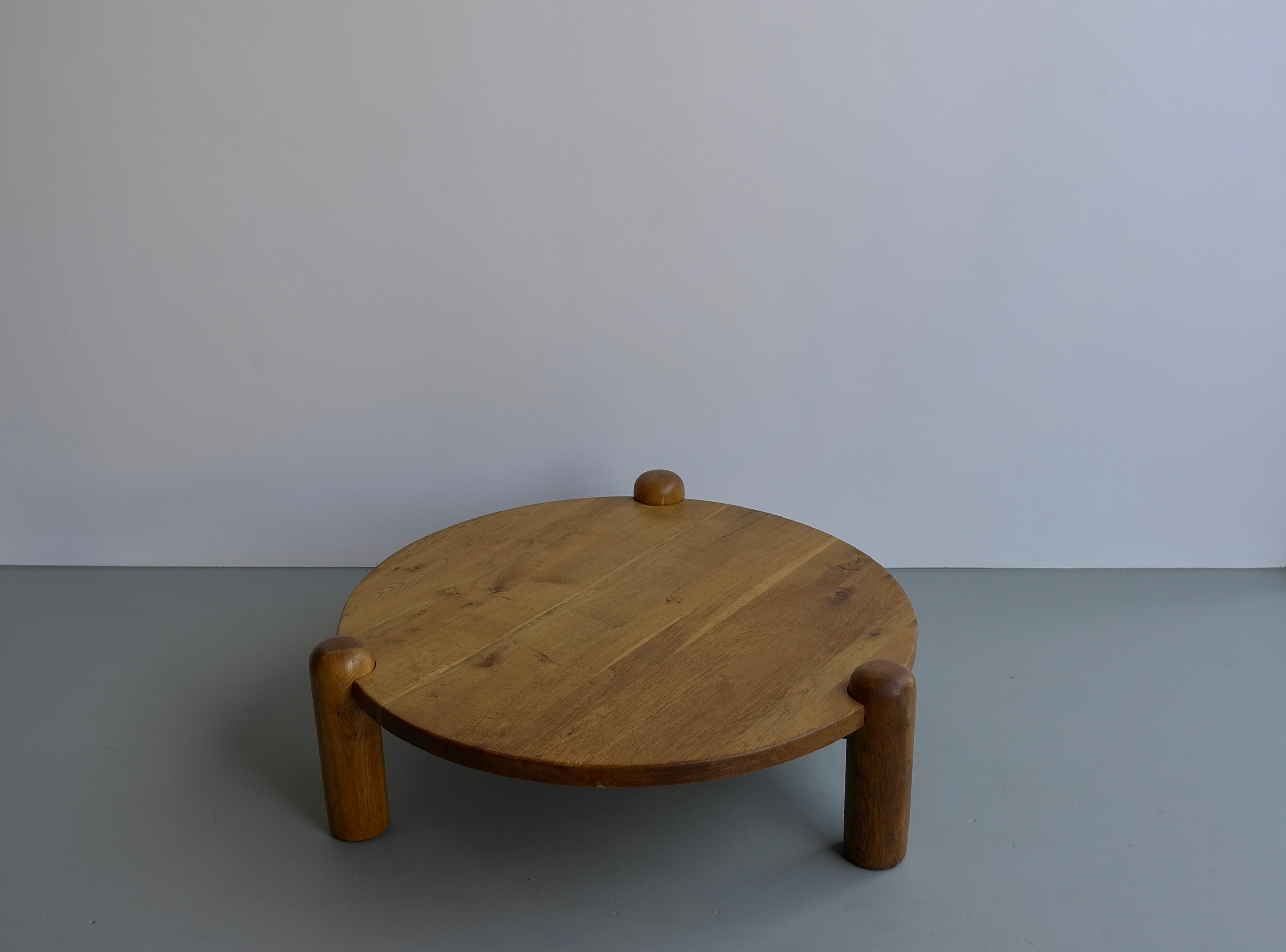 Extra Large Oak Round Coffee Table in Style of Charlotte Perriand, France, 1960s 1