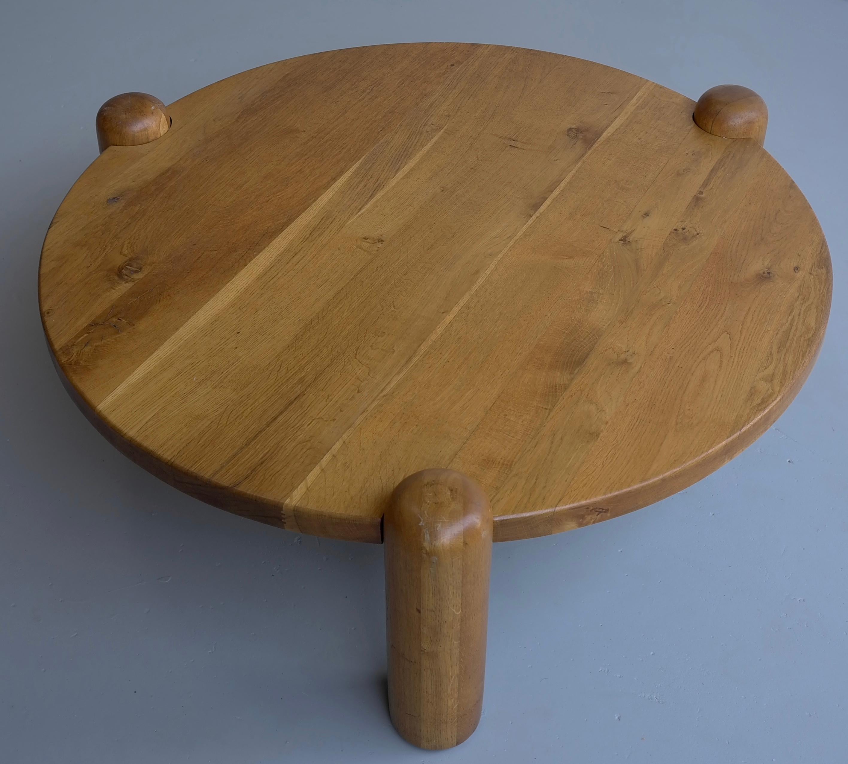 French Extra Large Oak Round Coffee Table in Style of Charlotte Perriand, France, 1960s