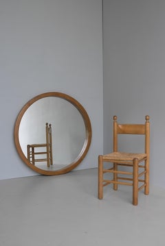 Extra Large Round Oak Wall Mirror in style of Pierre Chapo, France 1960's