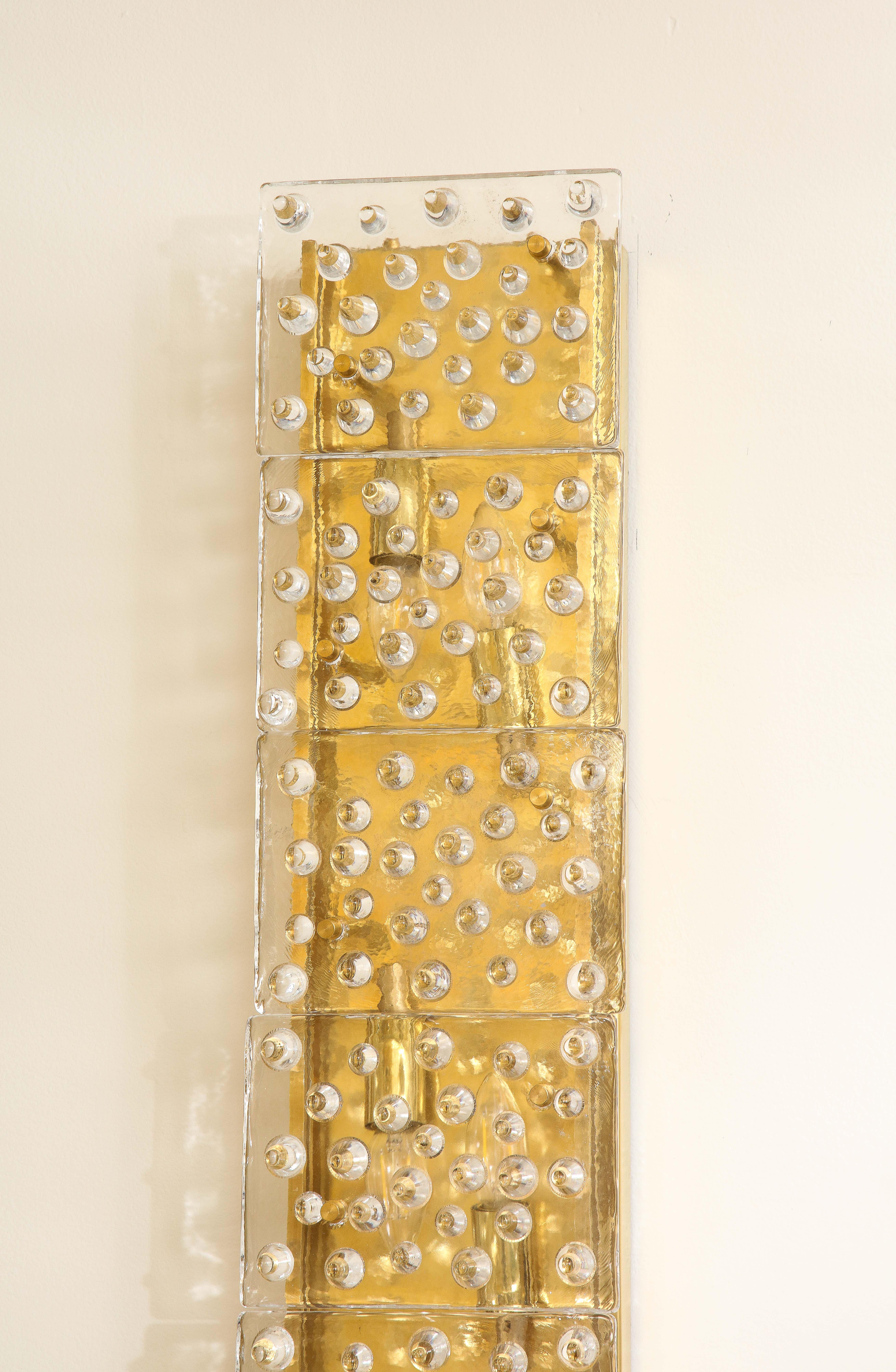 Large Pair of Brass and Clear Murano Glass Blocks Sconces, Italy, 54