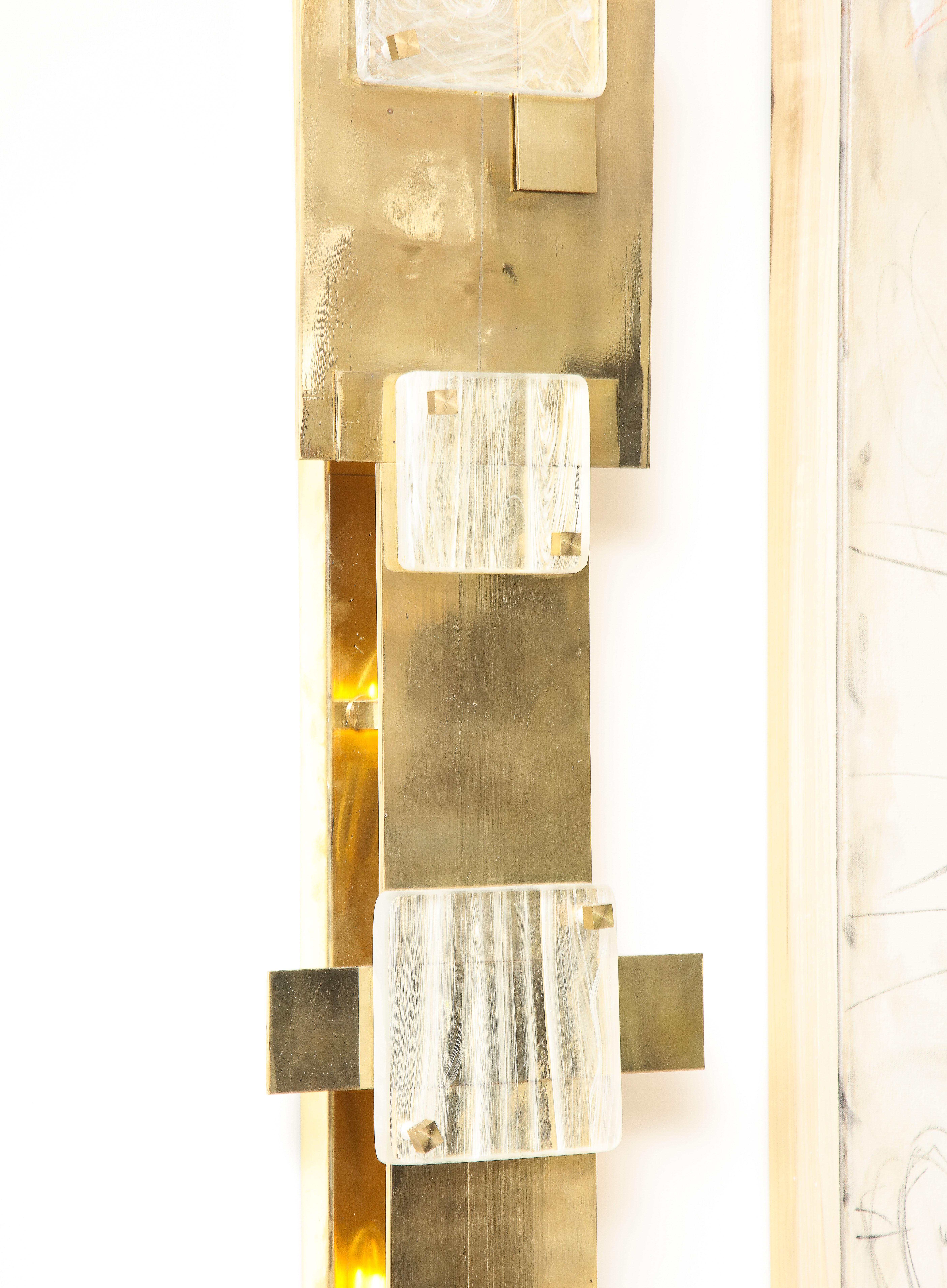 Large Pair of Brass and Clear and White Swirl Murano Glass Cubist Sconces, Italy For Sale 9