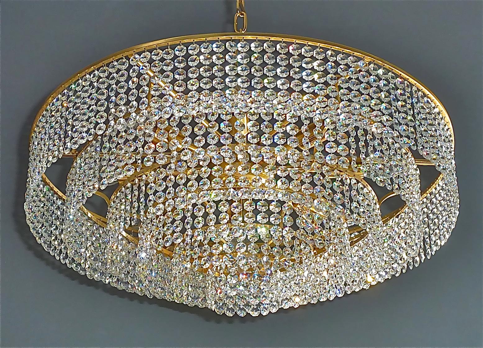 Extra Large Palwa Cascading Chandelier Gilt Brass Faceted Crystal Glass, 1960s For Sale 6