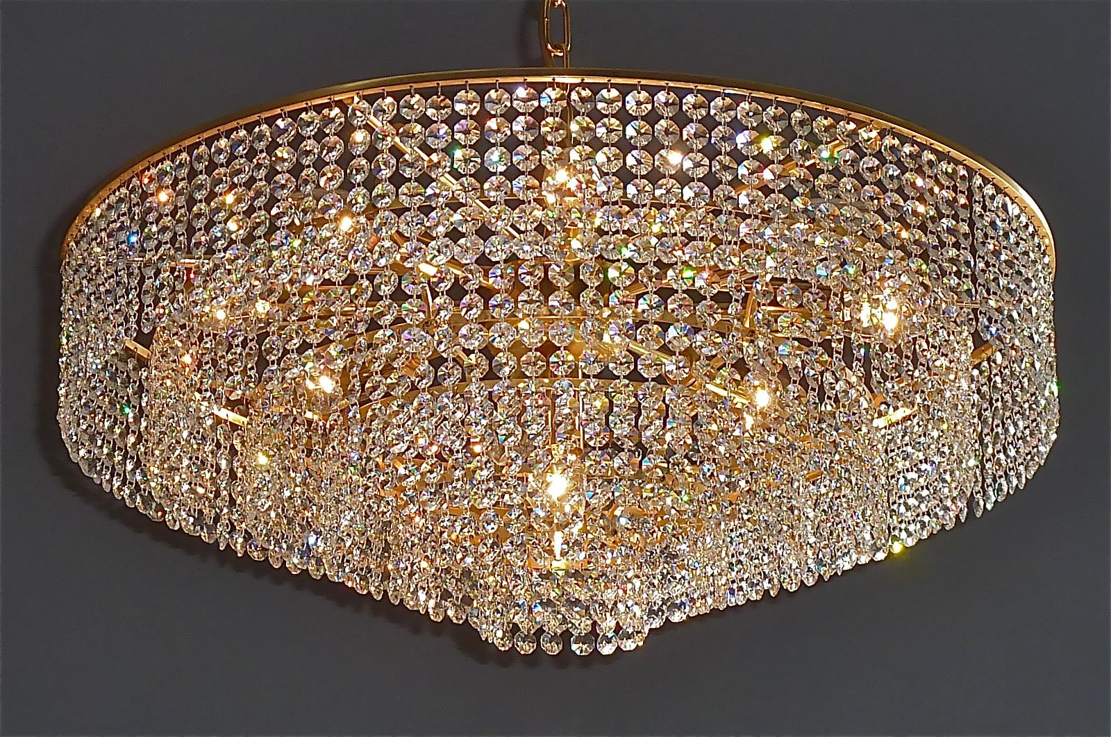 Extra Large Palwa Cascading Chandelier Gilt Brass Faceted Crystal Glass, 1960s For Sale 9