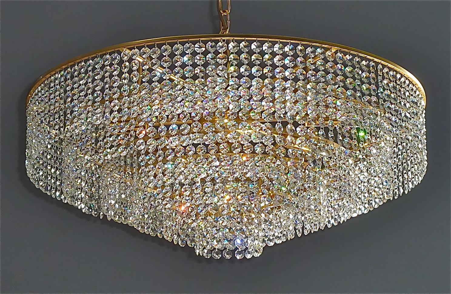 Hollywood Regency Extra Large Palwa Cascading Chandelier Gilt Brass Faceted Crystal Glass, 1960s For Sale