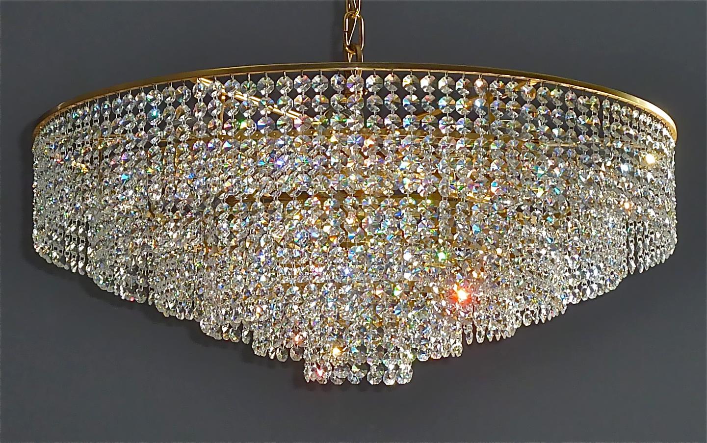 Mid-20th Century Extra Large Palwa Cascading Chandelier Gilt Brass Faceted Crystal Glass, 1960s For Sale