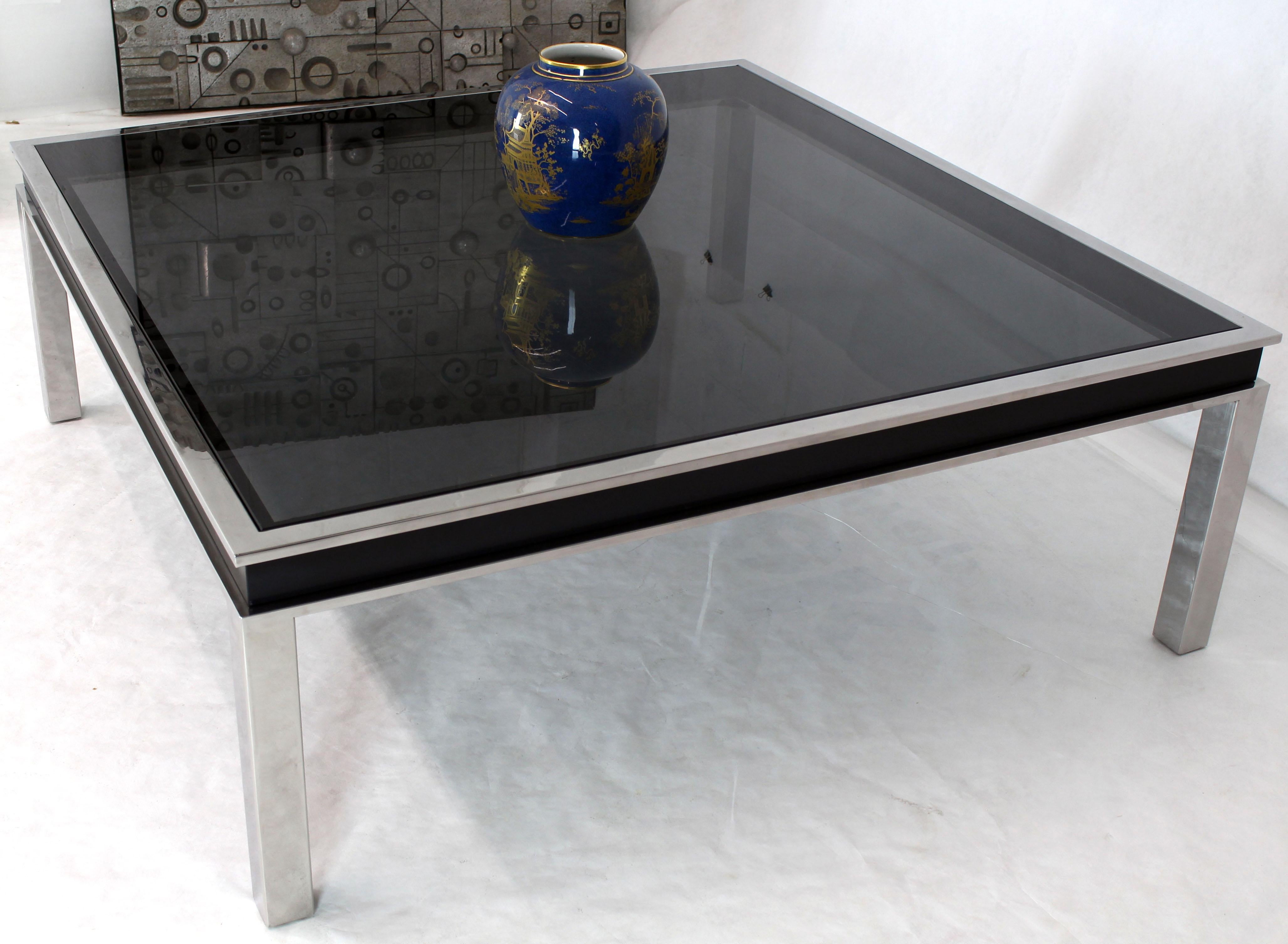 Extra Large Polished Chrome Square Mid Century Modern Coffee Table Smoked Glass 3