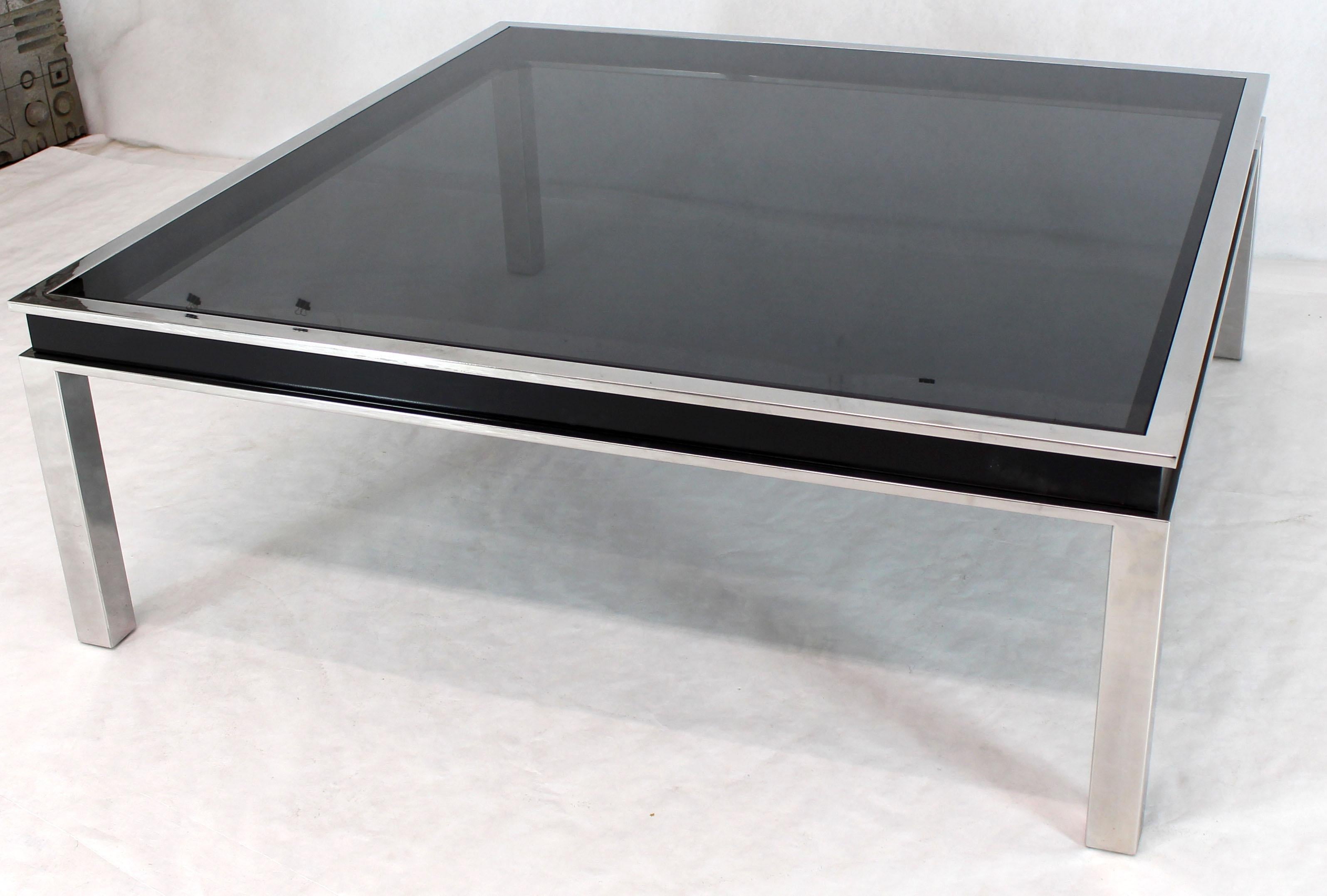 American Extra Large Polished Chrome Square Mid Century Modern Coffee Table Smoked Glass