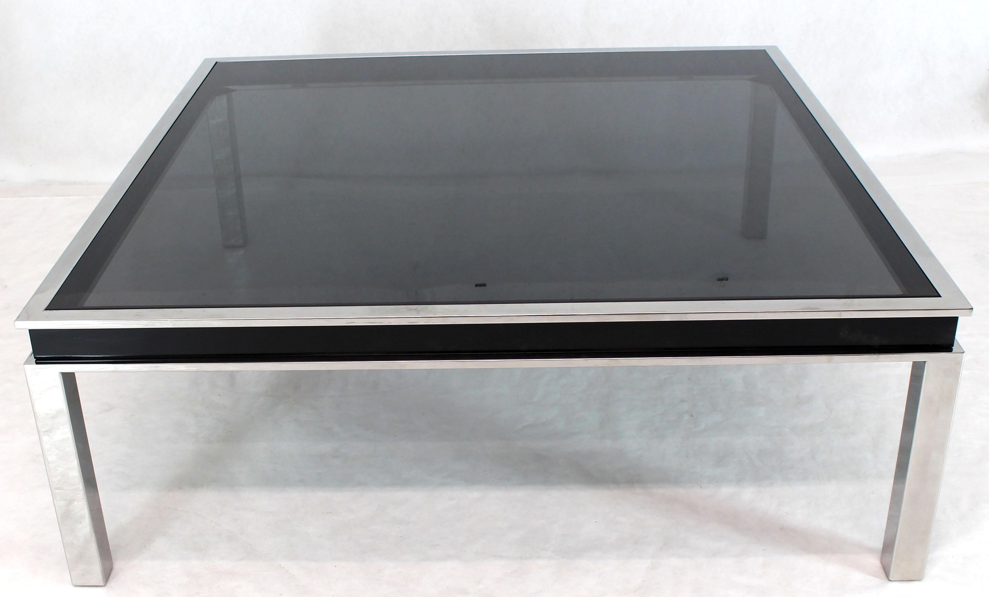 Extra Large Polished Chrome Square Mid Century Modern Coffee Table Smoked Glass In Good Condition In Rockaway, NJ