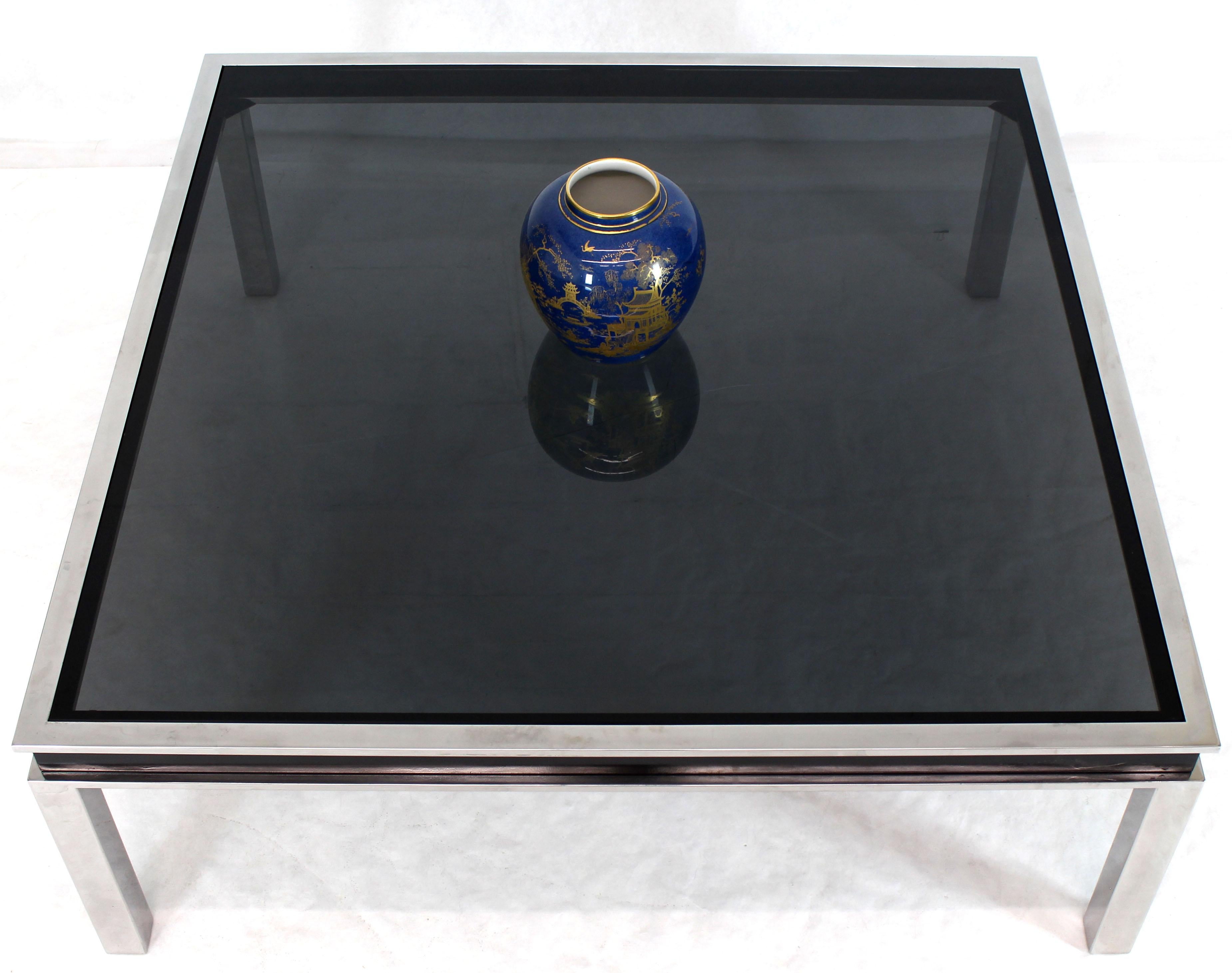 20th Century Extra Large Polished Chrome Square Mid Century Modern Coffee Table Smoked Glass