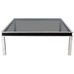 Extra Large Polished Chrome Square Mid Century Modern Coffee Table Smoked Glass
