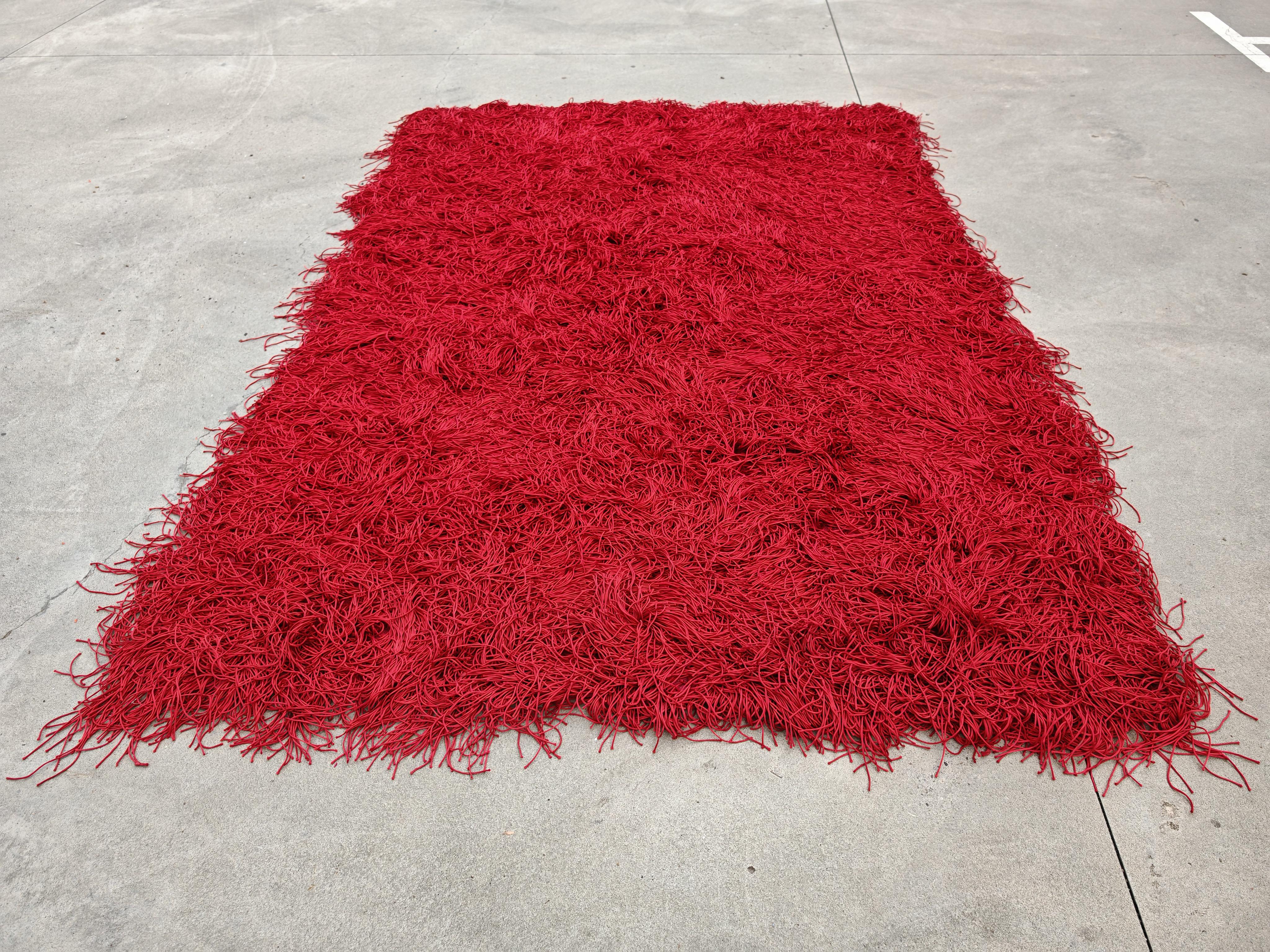 In this listing you will find a spectacular postmodern Spaghetti rug, featuring extra long threads making a lush effect. The rug is done in combination of cotton and wool. The rug was manufactured by KARE Design in vibrant red color. Made in Germany