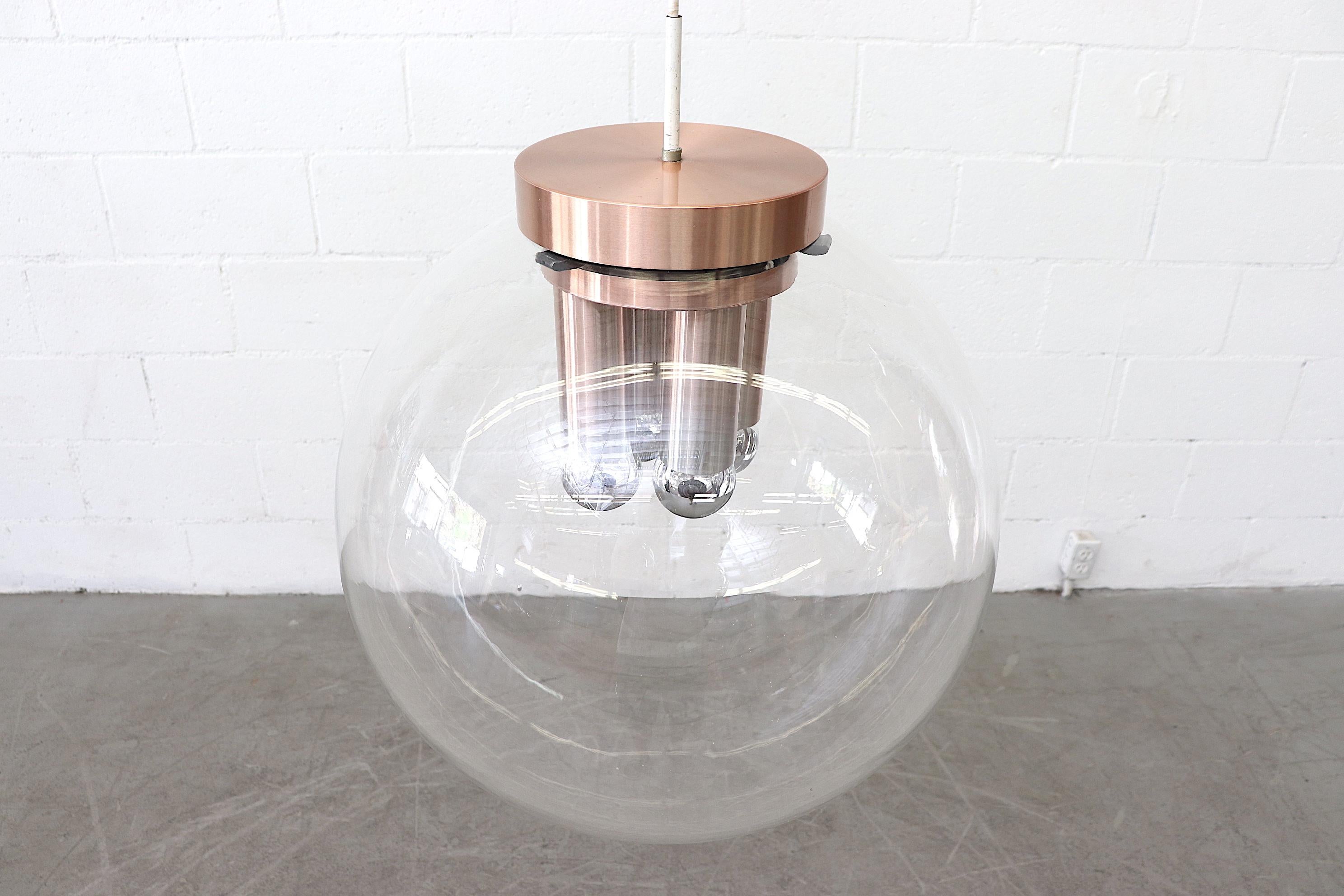 Extra Large RAAK Hand Blown Glass Globe Light with Copper Toned Hardware In Good Condition For Sale In Los Angeles, CA
