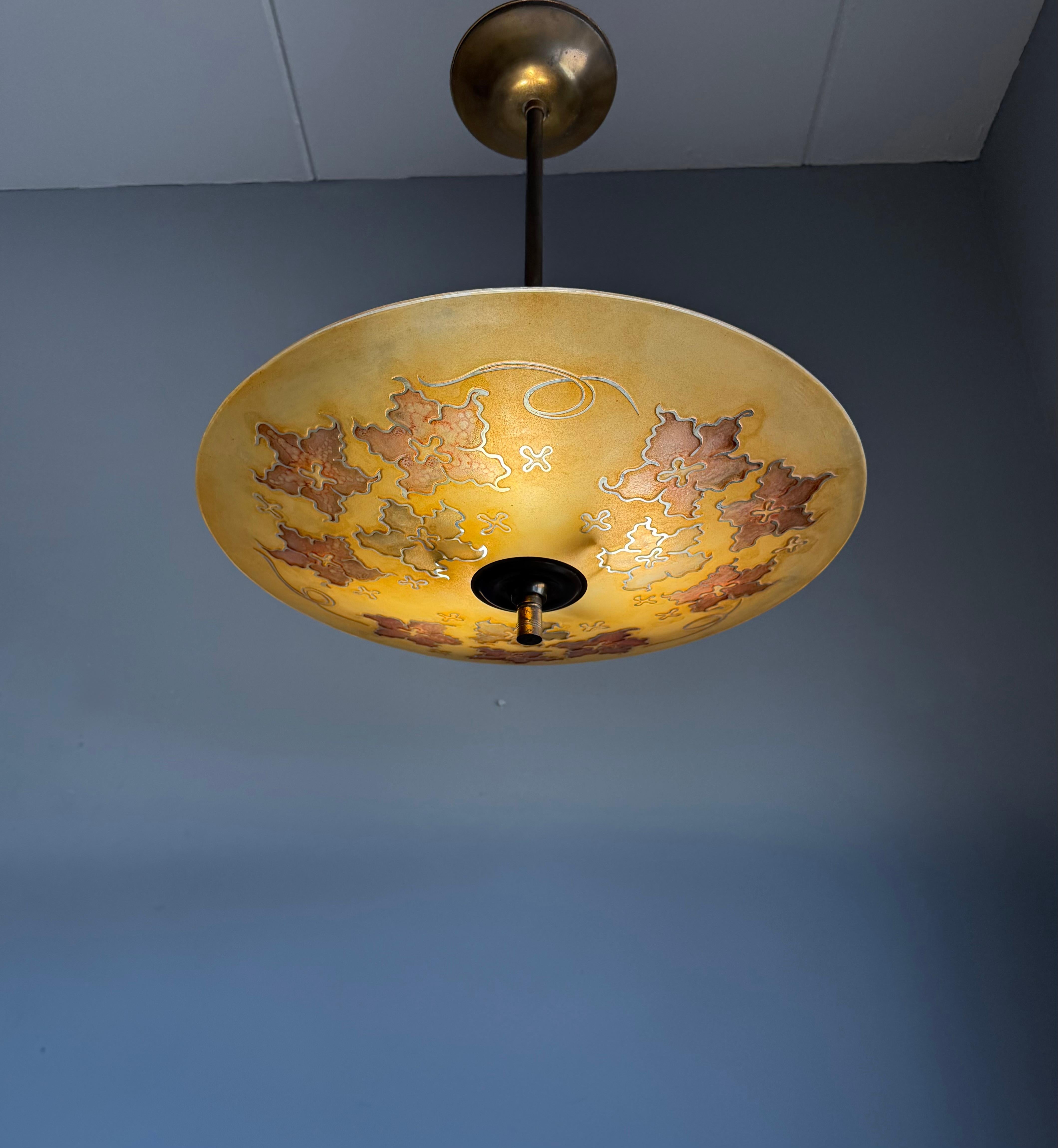 Extra Large & Rare Blown & Engraved Glass Pendant Light with Stylised Leaf Motif For Sale 2