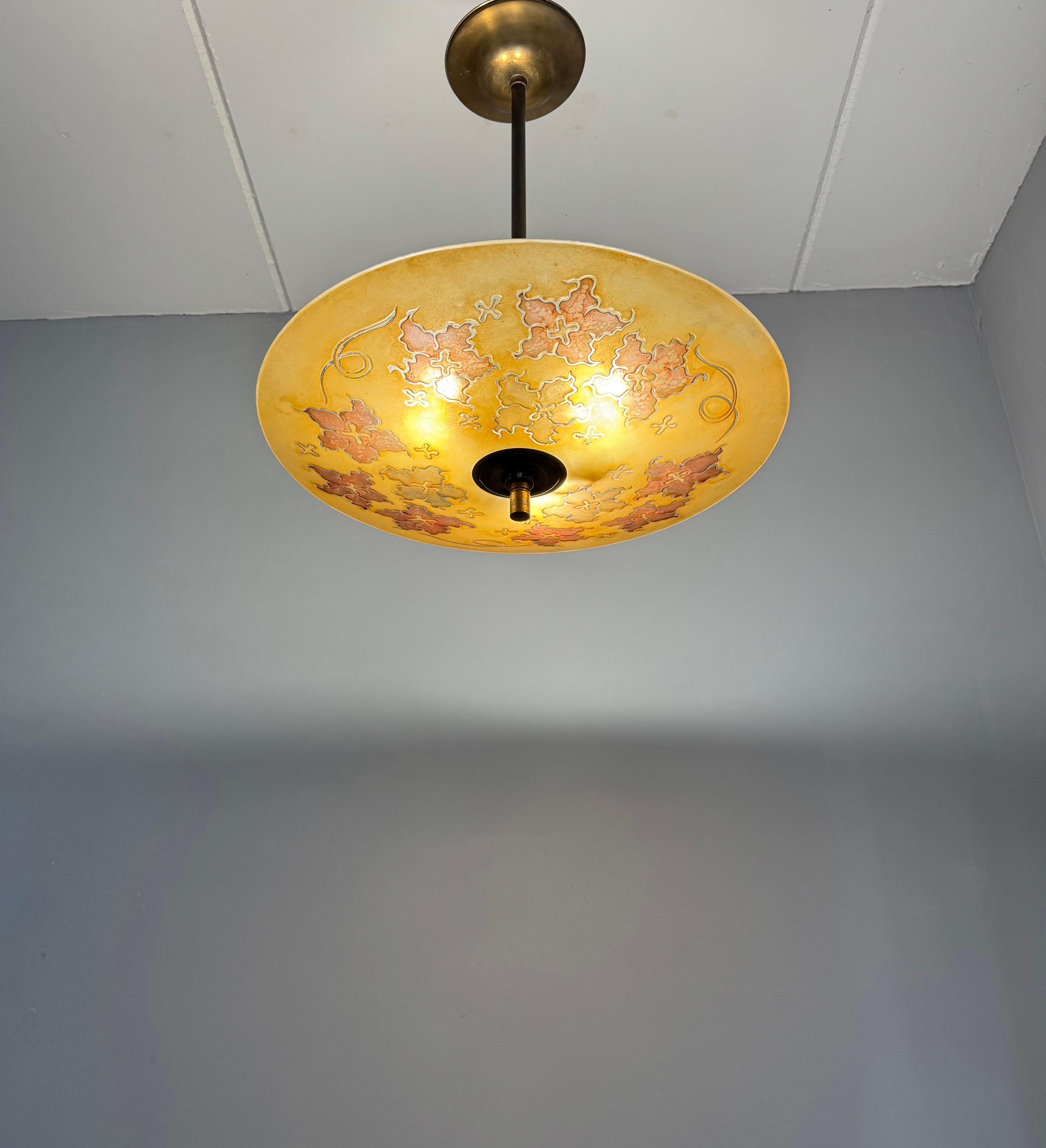 Extra Large & Rare Blown & Engraved Glass Pendant Light with Stylised Leaf Motif For Sale 3