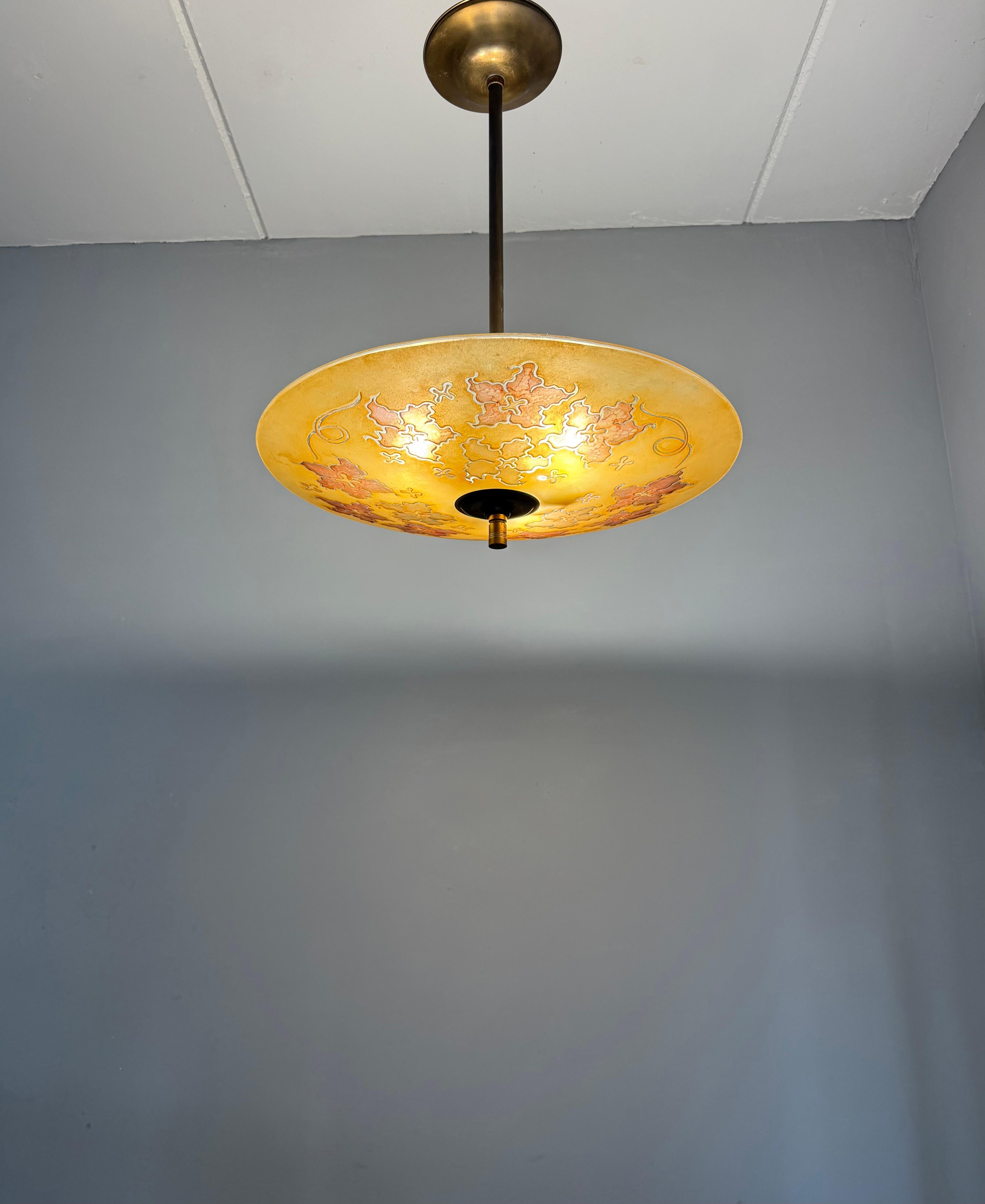 Extra Large & Rare Blown & Engraved Glass Pendant Light with Stylised Leaf Motif For Sale 4