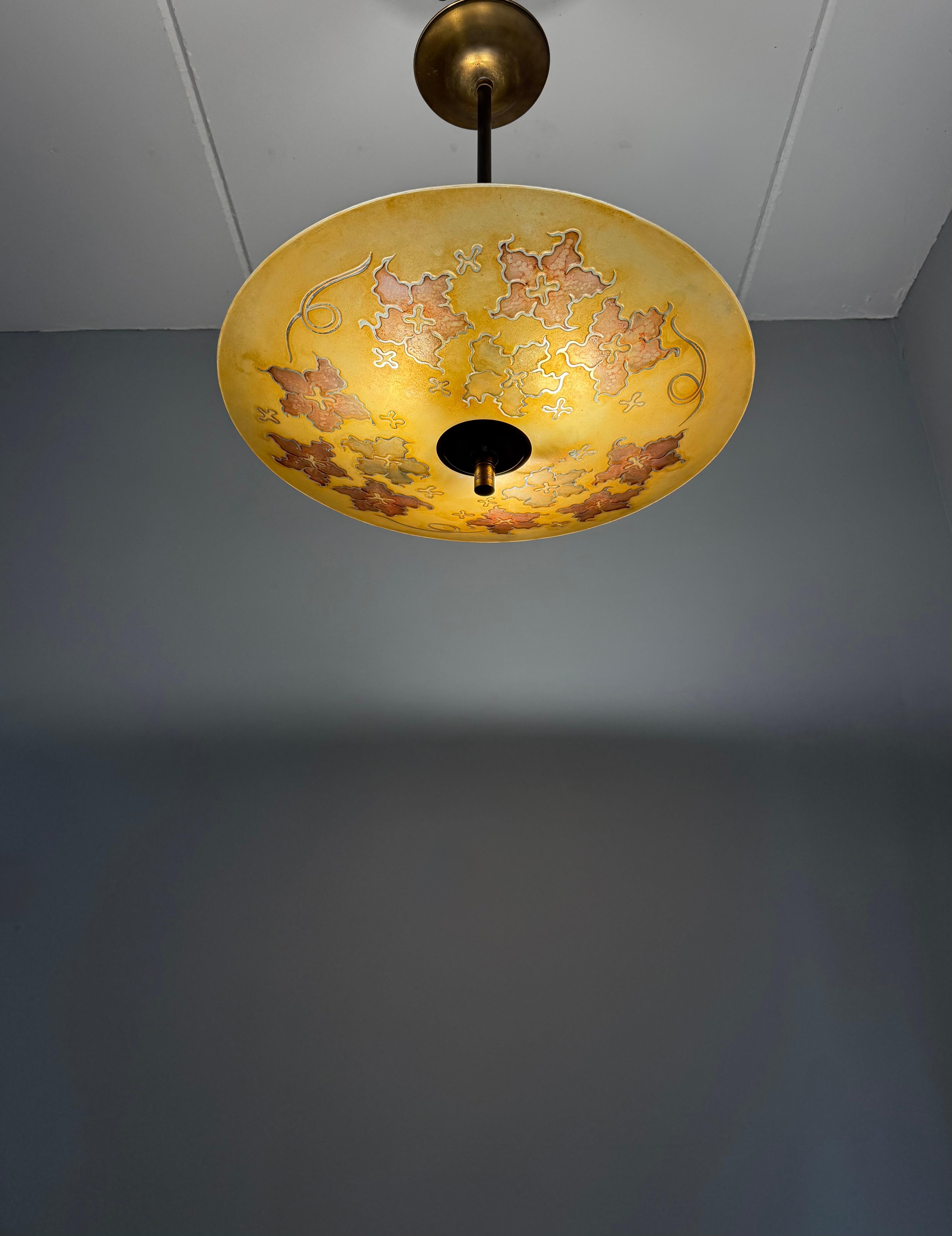 Extra Large & Rare Blown & Engraved Glass Pendant Light with Stylised Leaf Motif For Sale 5