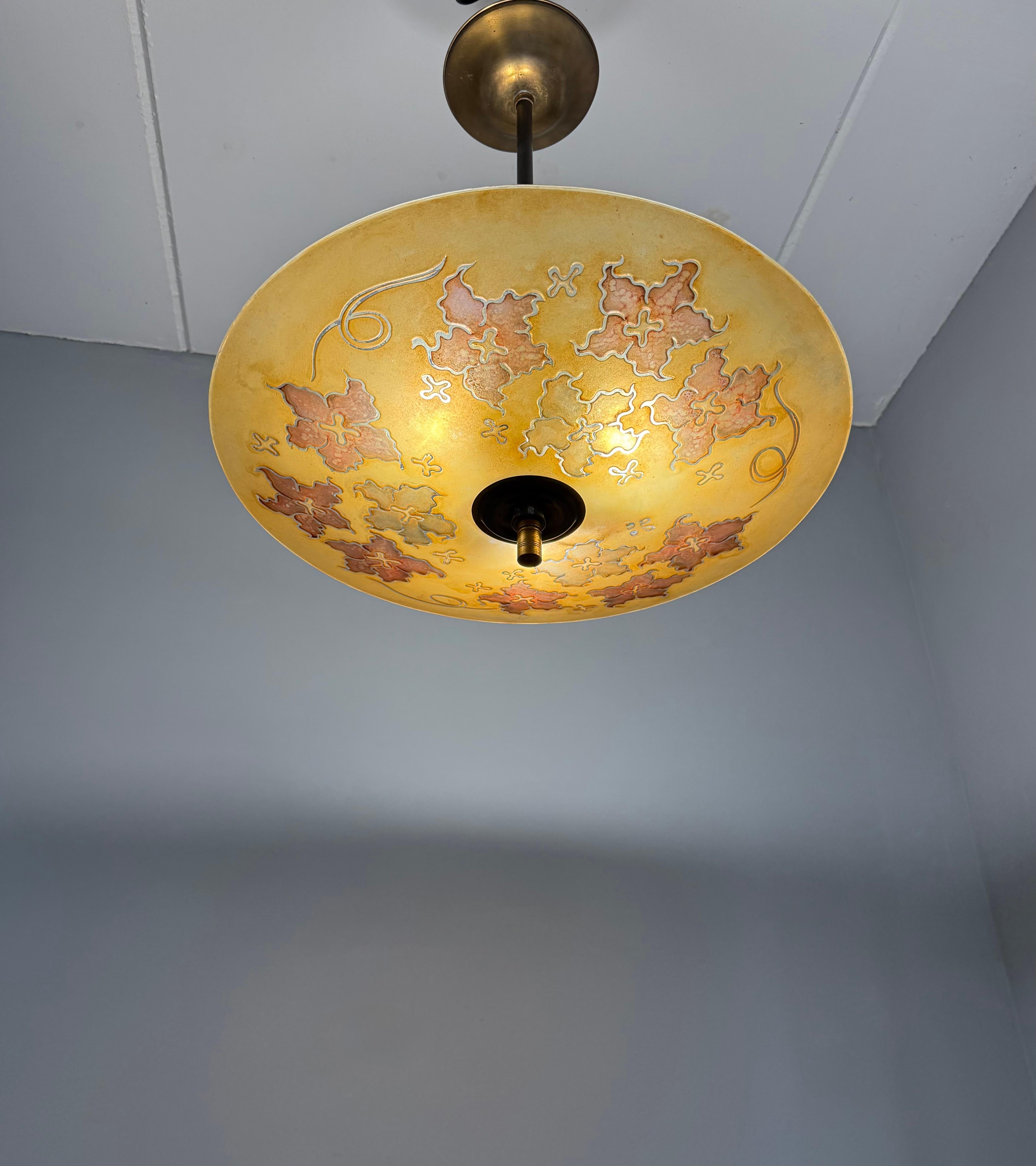 Extra Large & Rare Blown & Engraved Glass Pendant Light with Stylised Leaf Motif For Sale 6