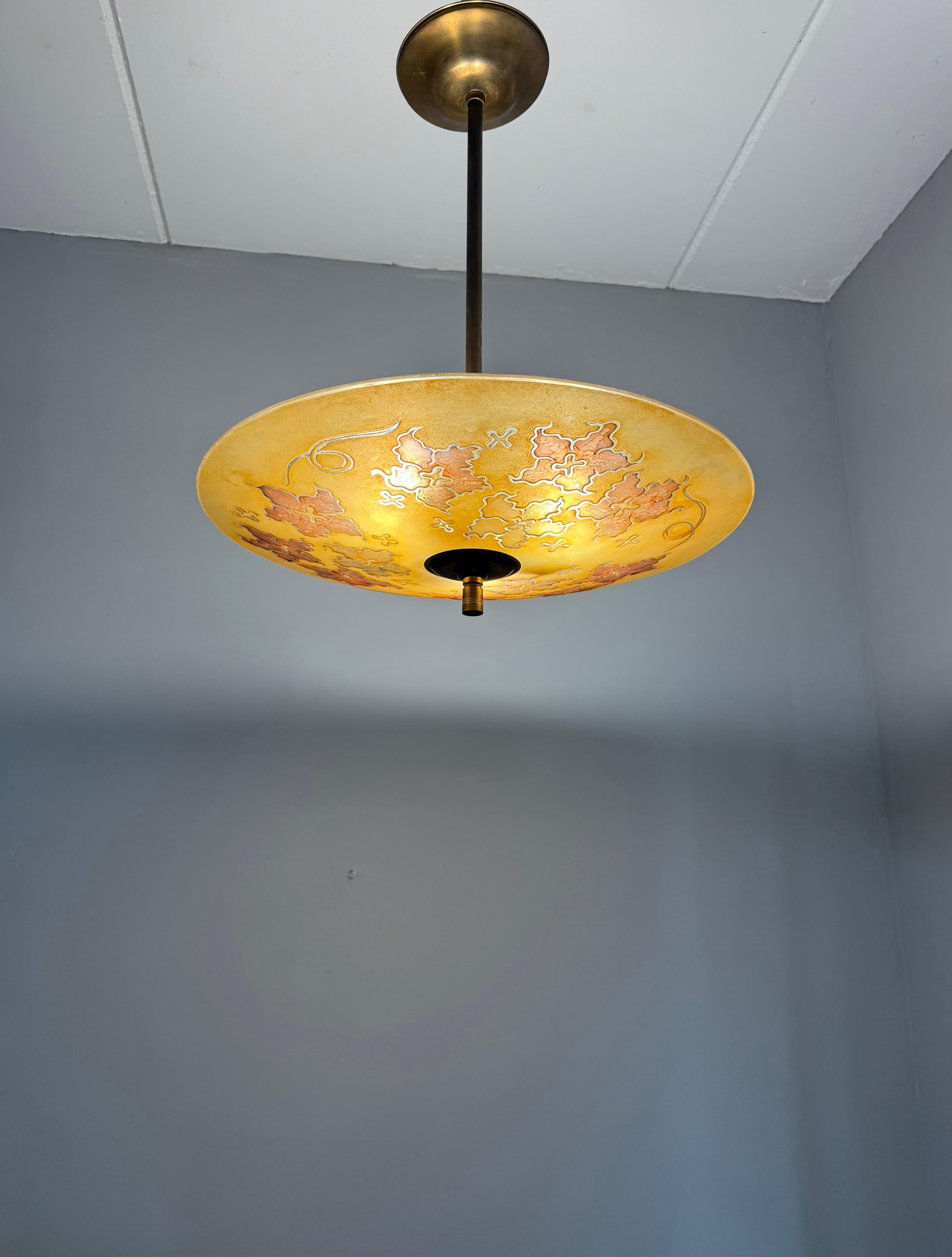 Extra Large & Rare Blown & Engraved Glass Pendant Light with Stylised Leaf Motif For Sale 7