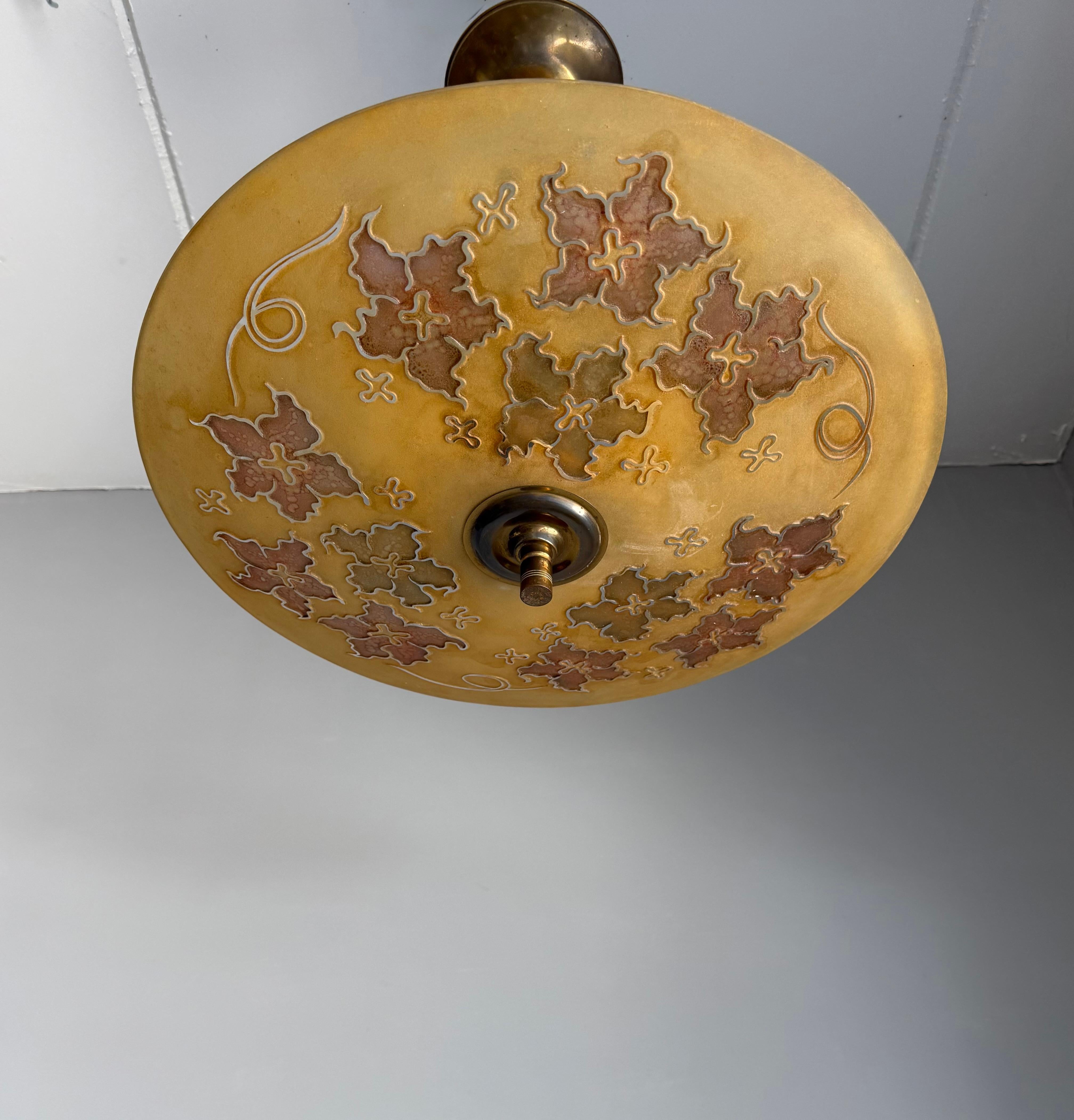 Extra Large & Rare Blown & Engraved Glass Pendant Light with Stylised Leaf Motif For Sale 8