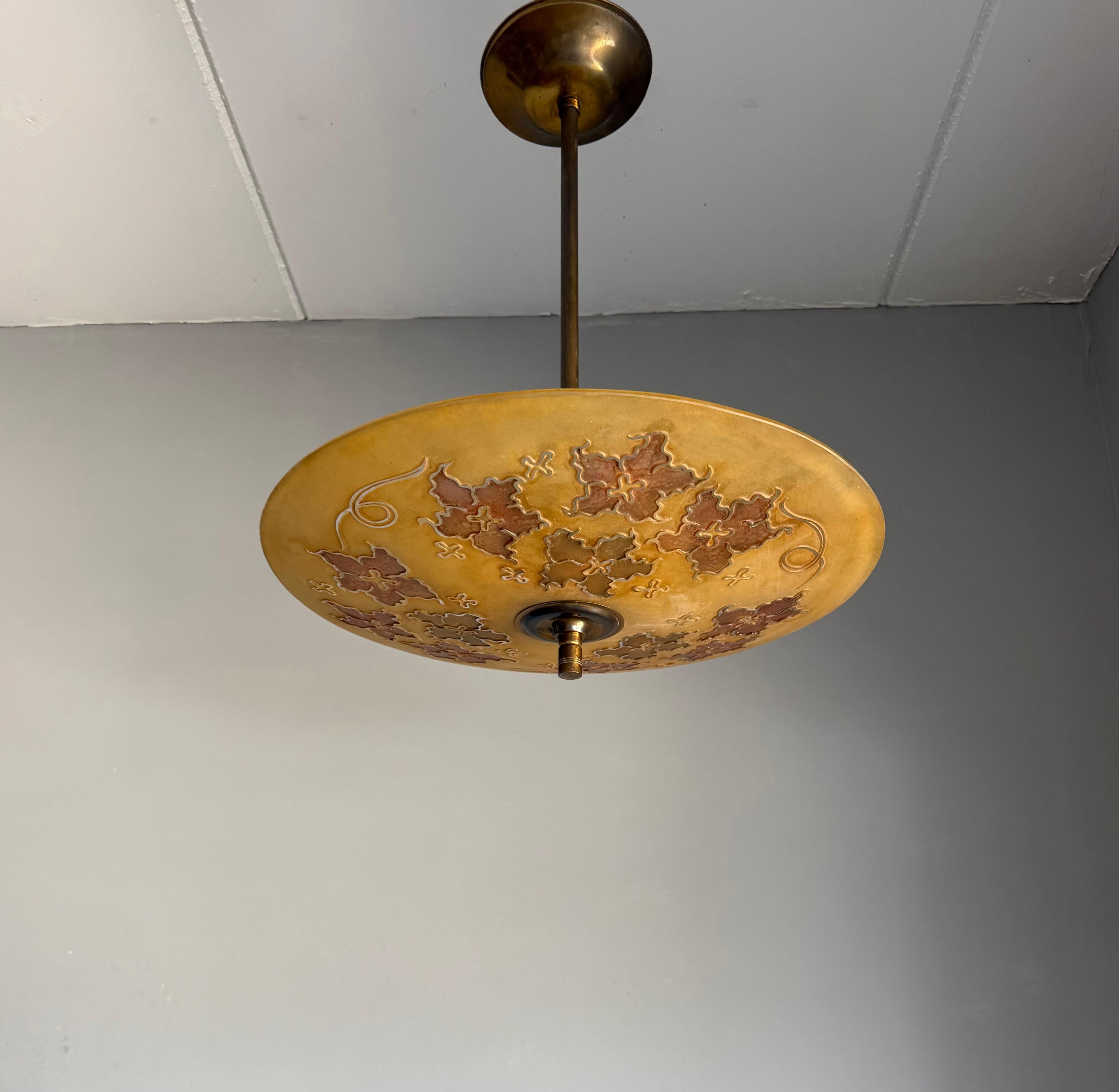 Extra Large & Rare Blown & Engraved Glass Pendant Light with Stylised Leaf Motif For Sale 9