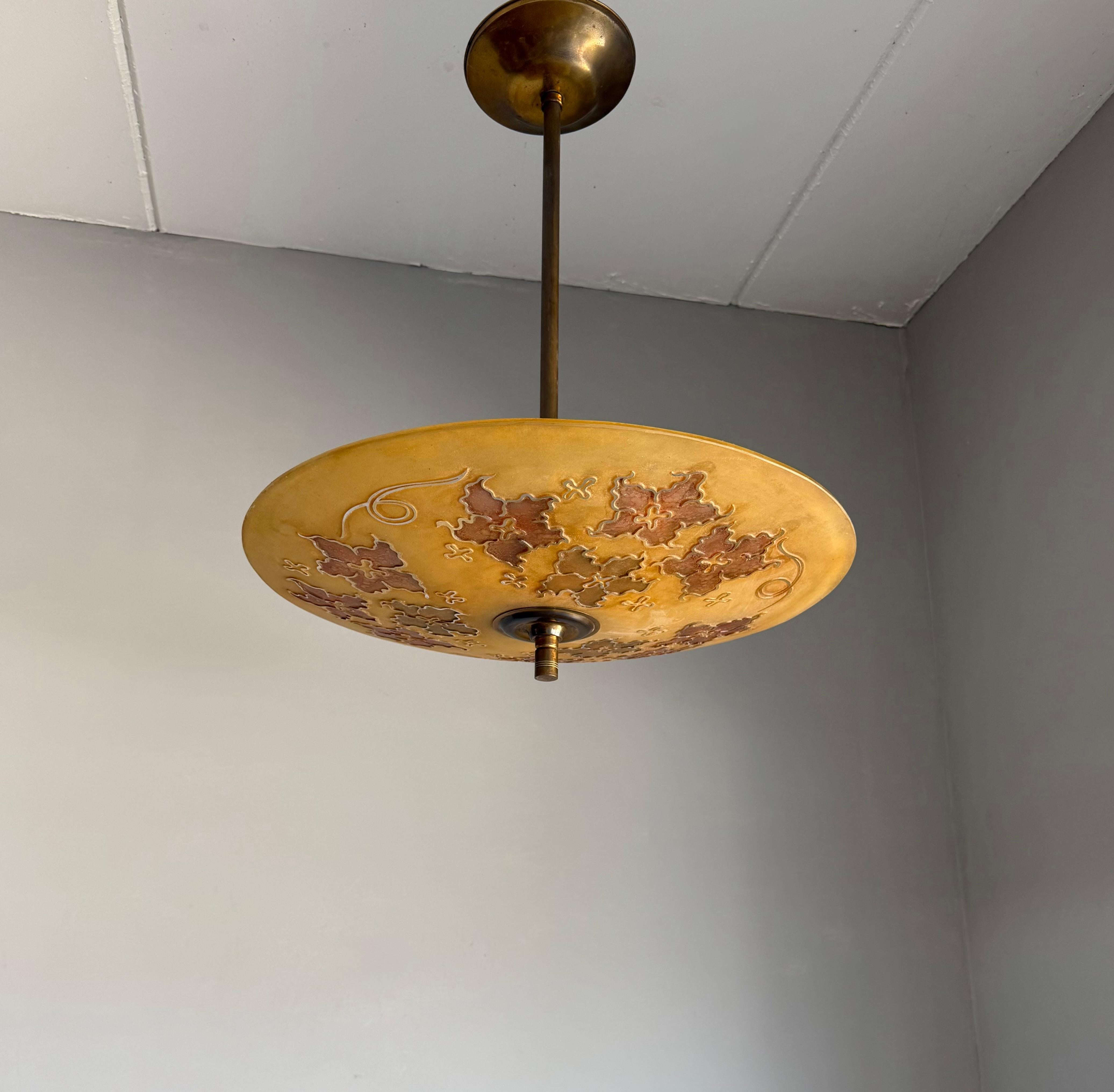 Extra Large & Rare Blown & Engraved Glass Pendant Light with Stylised Leaf Motif For Sale 10