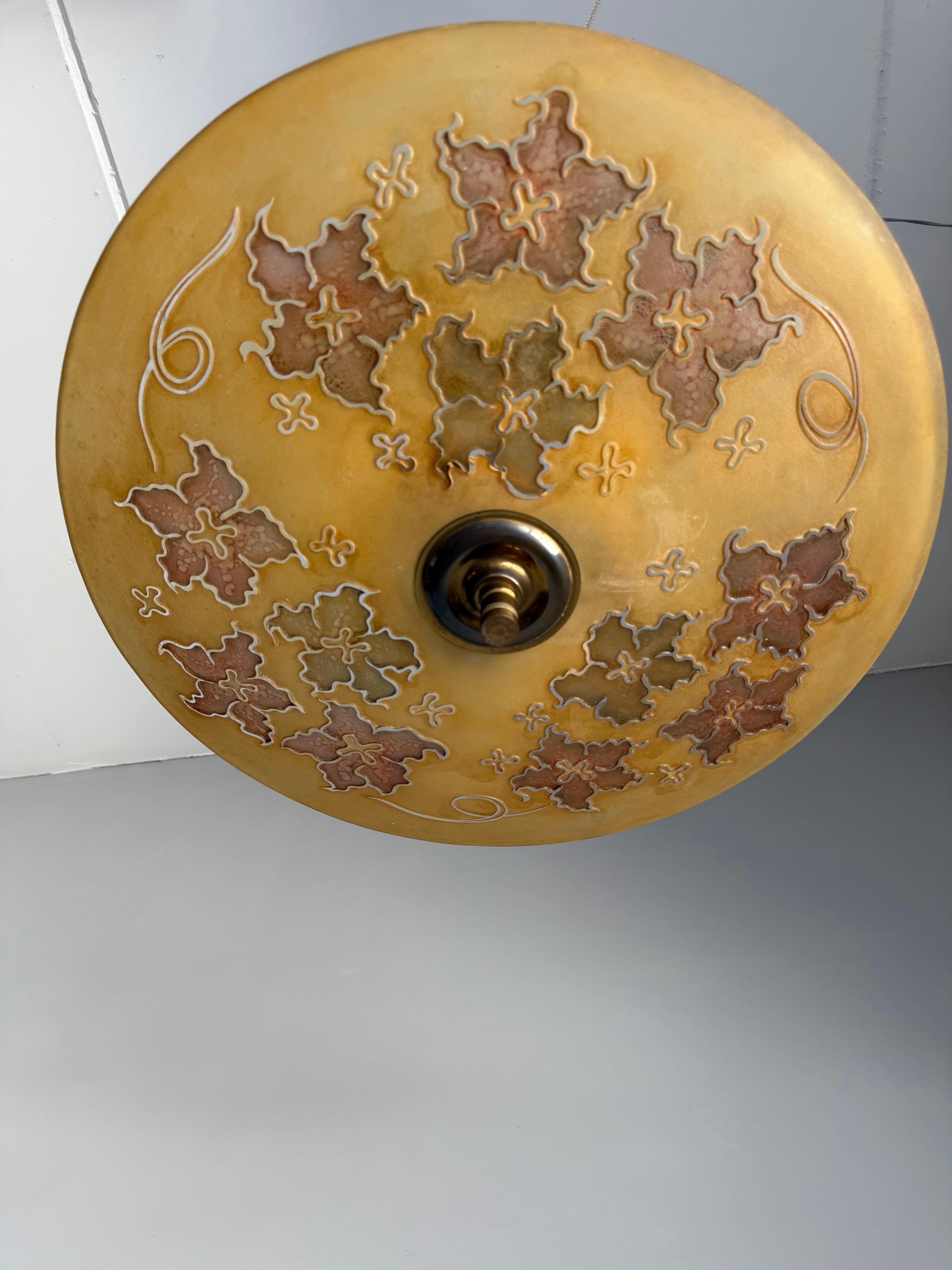 Extra Large & Rare Blown & Engraved Glass Pendant Light with Stylised Leaf Motif For Sale 11