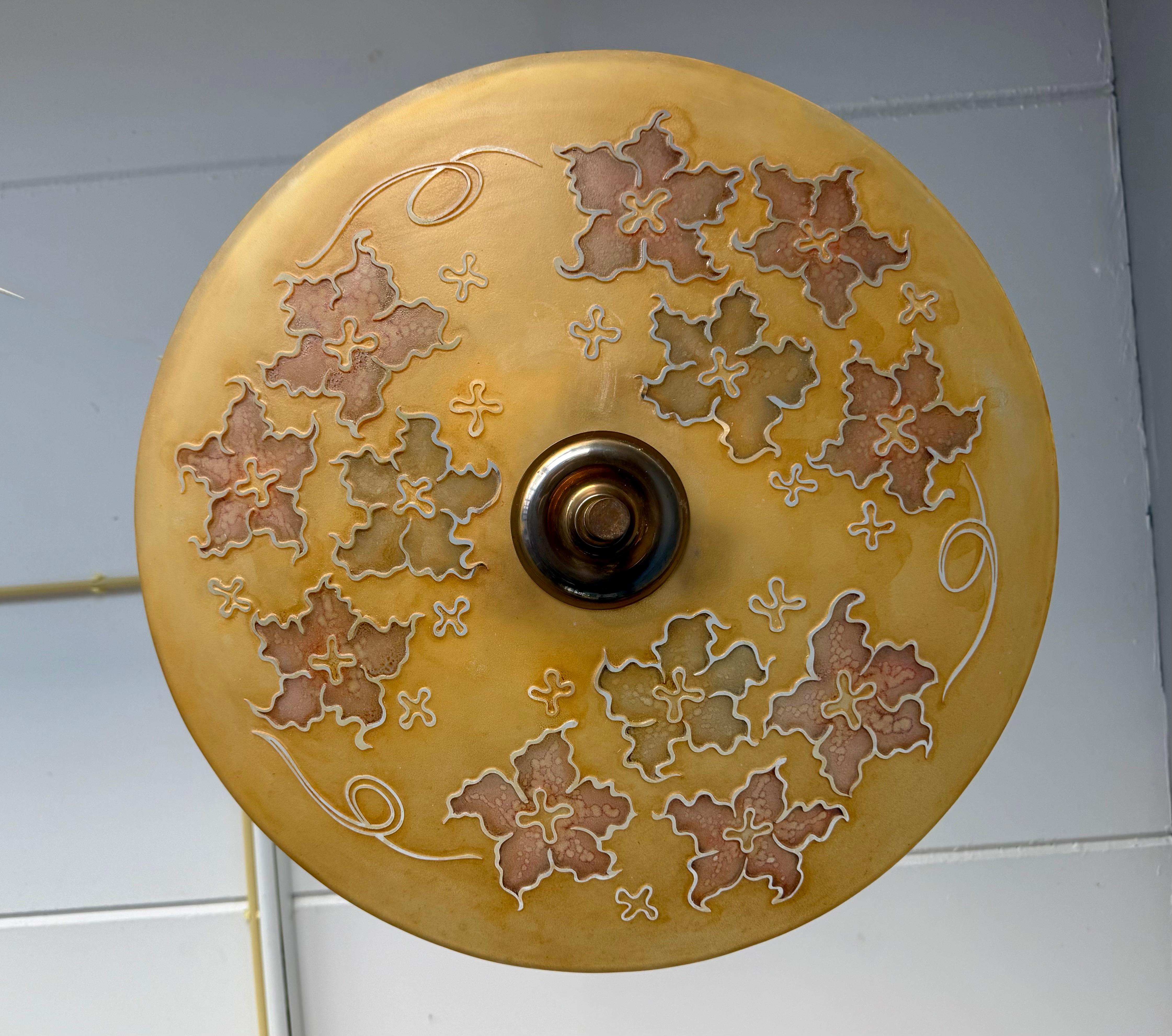 Arts and Crafts Extra Large & Rare Blown & Engraved Glass Pendant Light with Stylised Leaf Motif For Sale