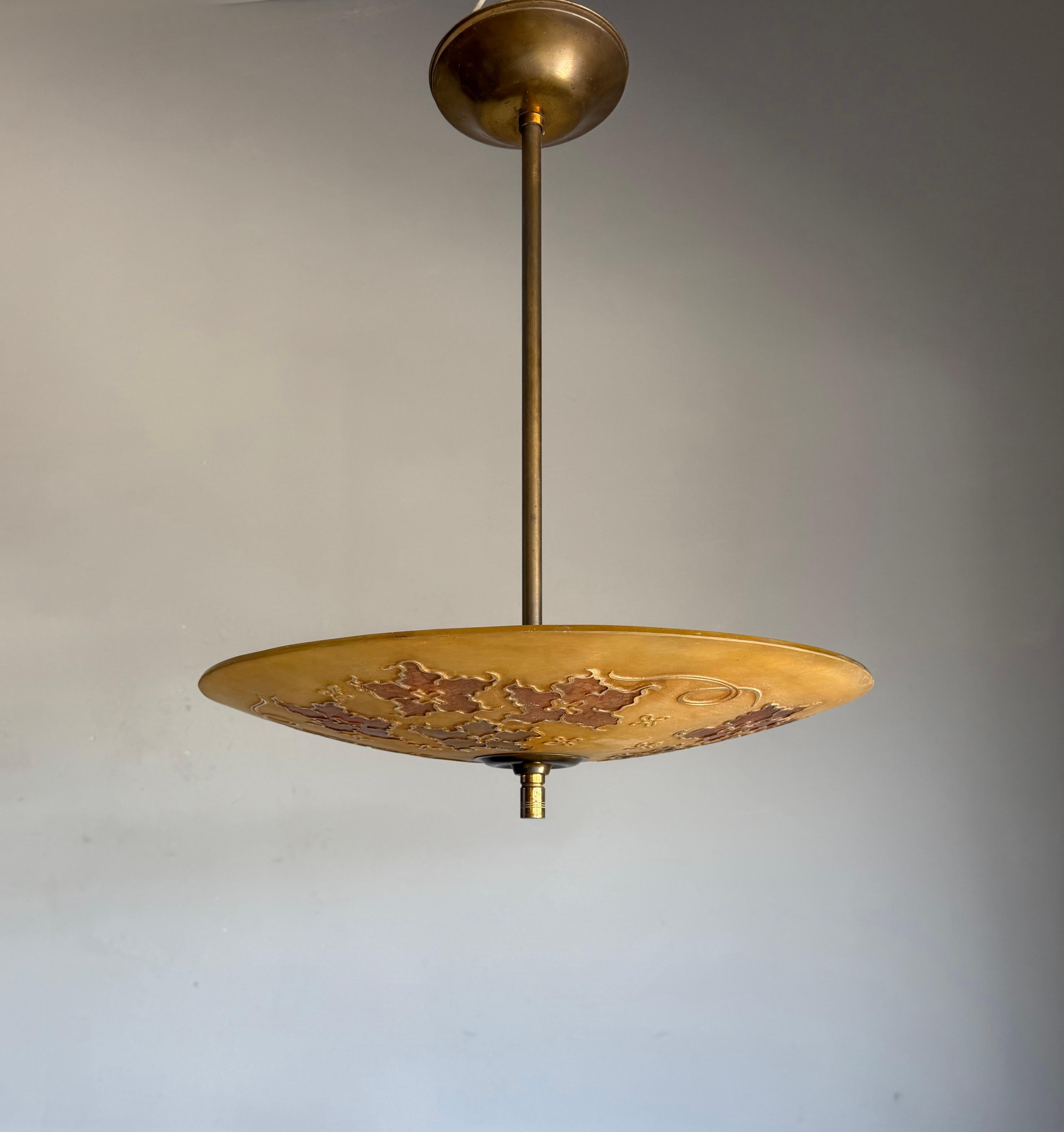 Italian Extra Large & Rare Blown & Engraved Glass Pendant Light with Stylised Leaf Motif For Sale